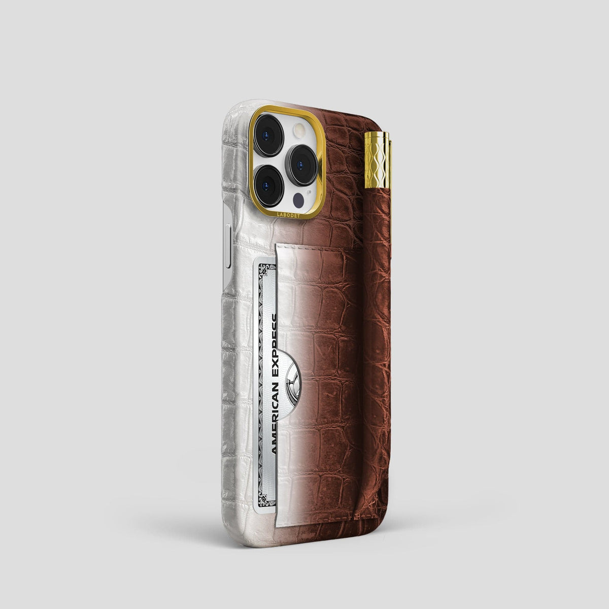 Dark Brown iPhone 14 Pro Himalaya Сard and Pen Holder Case with Gold Metal -2 | Dark-Brown-Gold