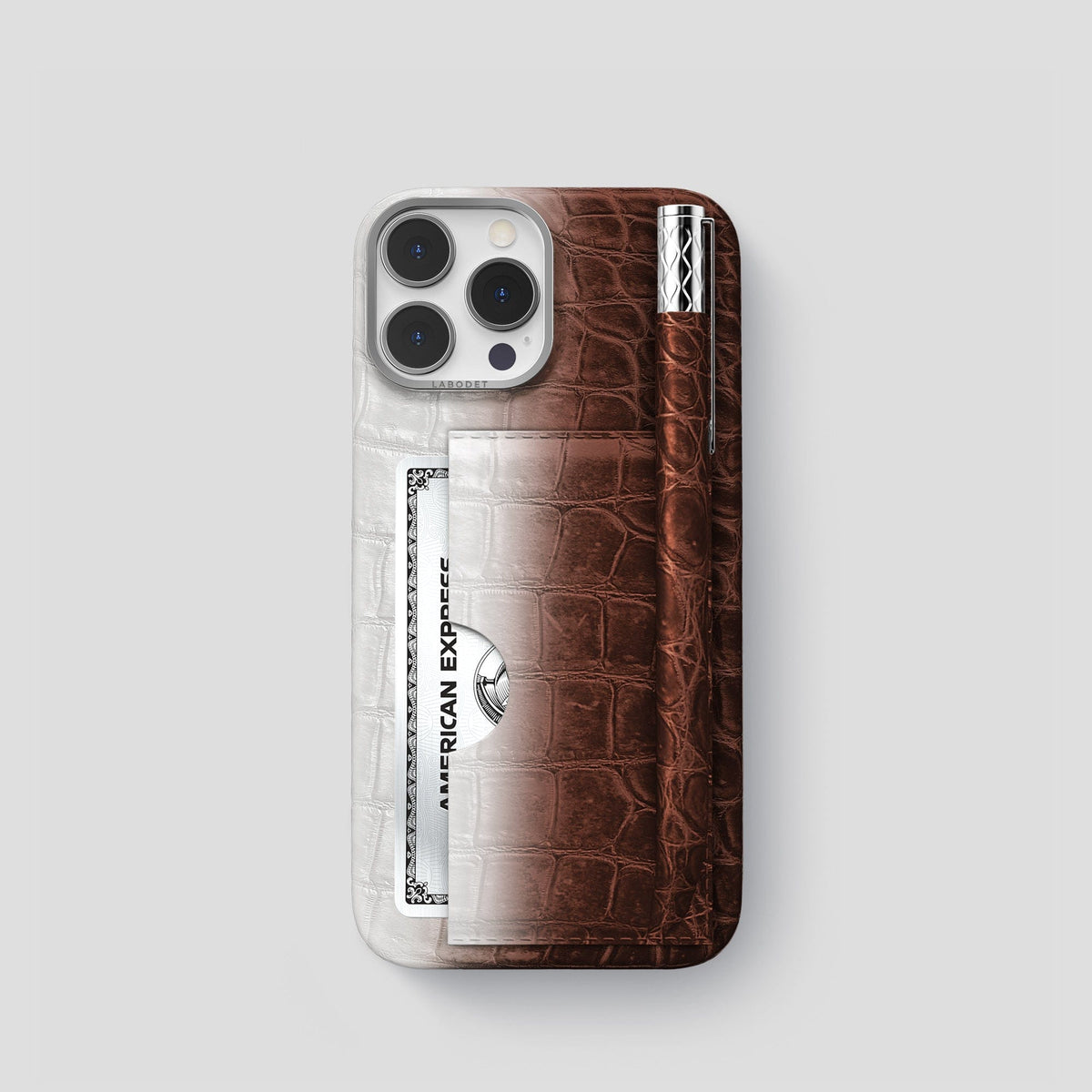 Dark Brown iPhone 14 Pro Himalaya Сard and Pen Holder Case with Steel Metal -1 | Dark-Brown-Steel