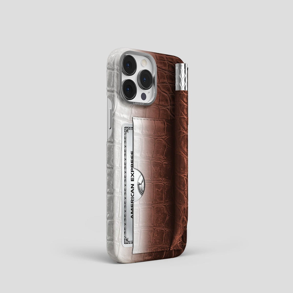 Dark Brown iPhone 14 Pro Himalaya Сard and Pen Holder Case with Steel Metal -2 | Dark-Brown-Steel