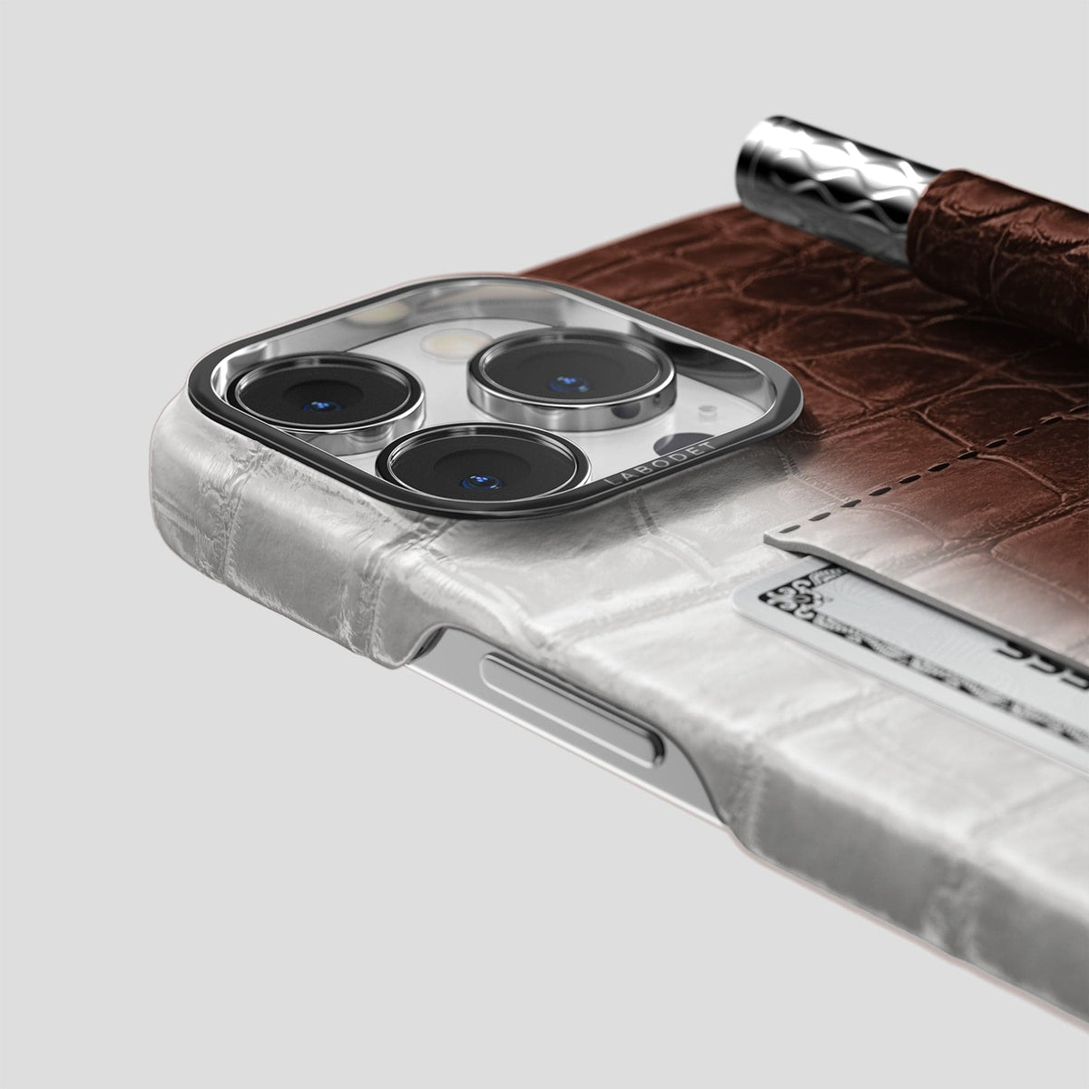 Dark Brown iPhone 14 Pro Himalaya Сard and Pen Holder Case with Steel Metal -4 | Dark-Brown-Steel