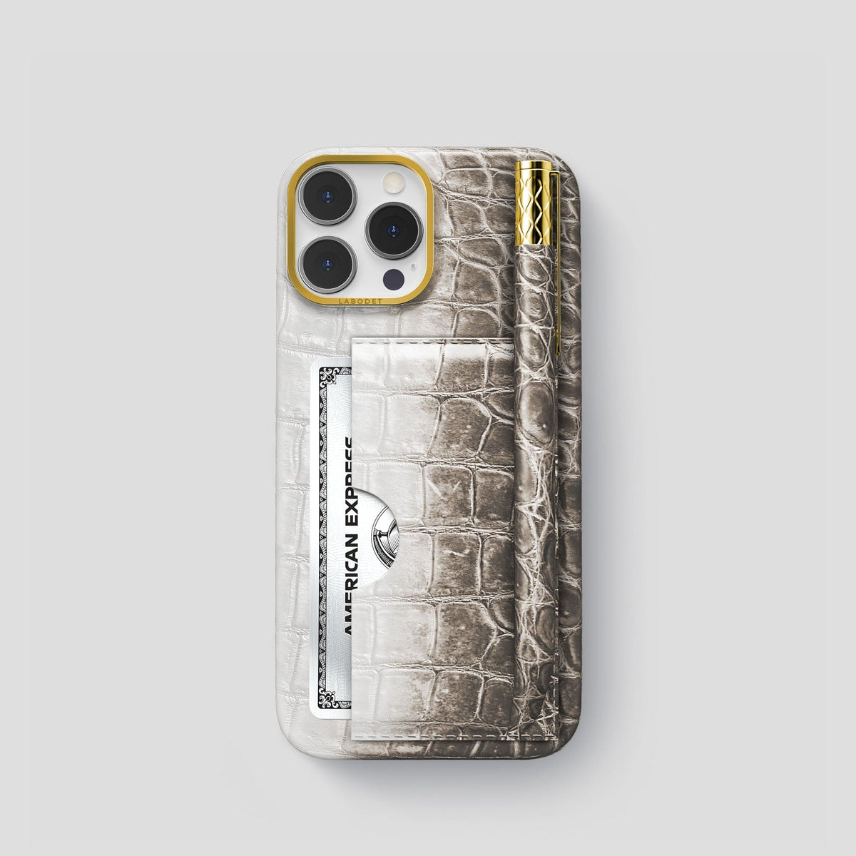 Dark iPhone 14 Pro Himalaya Сard and Pen Holder Case with Gold Metal -1 | Dark-Gold
