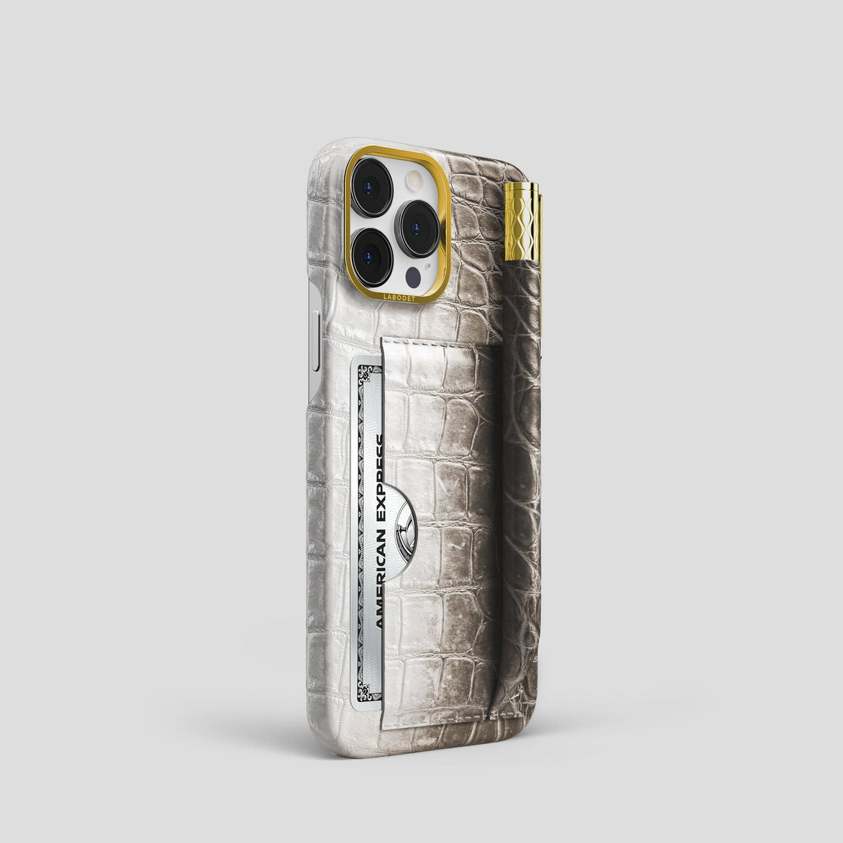 Dark iPhone 14 Pro Himalaya Сard and Pen Holder Case with Gold Metal -2 | Dark-Gold