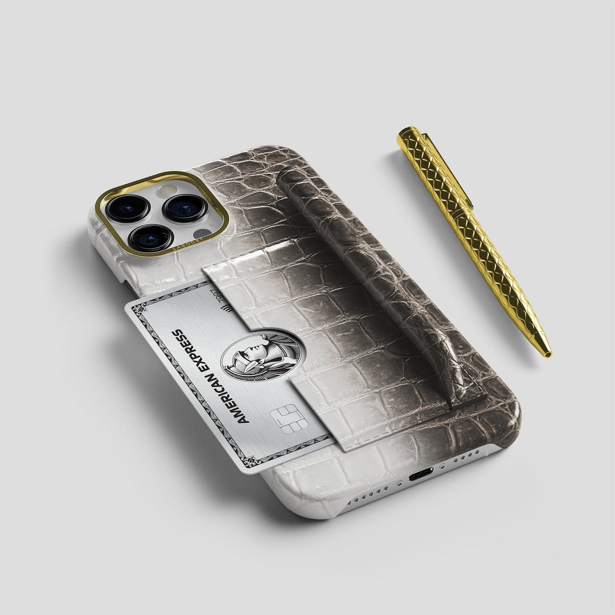 Dark iPhone 14 Pro Himalaya Сard and Pen Holder Case with Gold Metal -5 | Dark-Gold