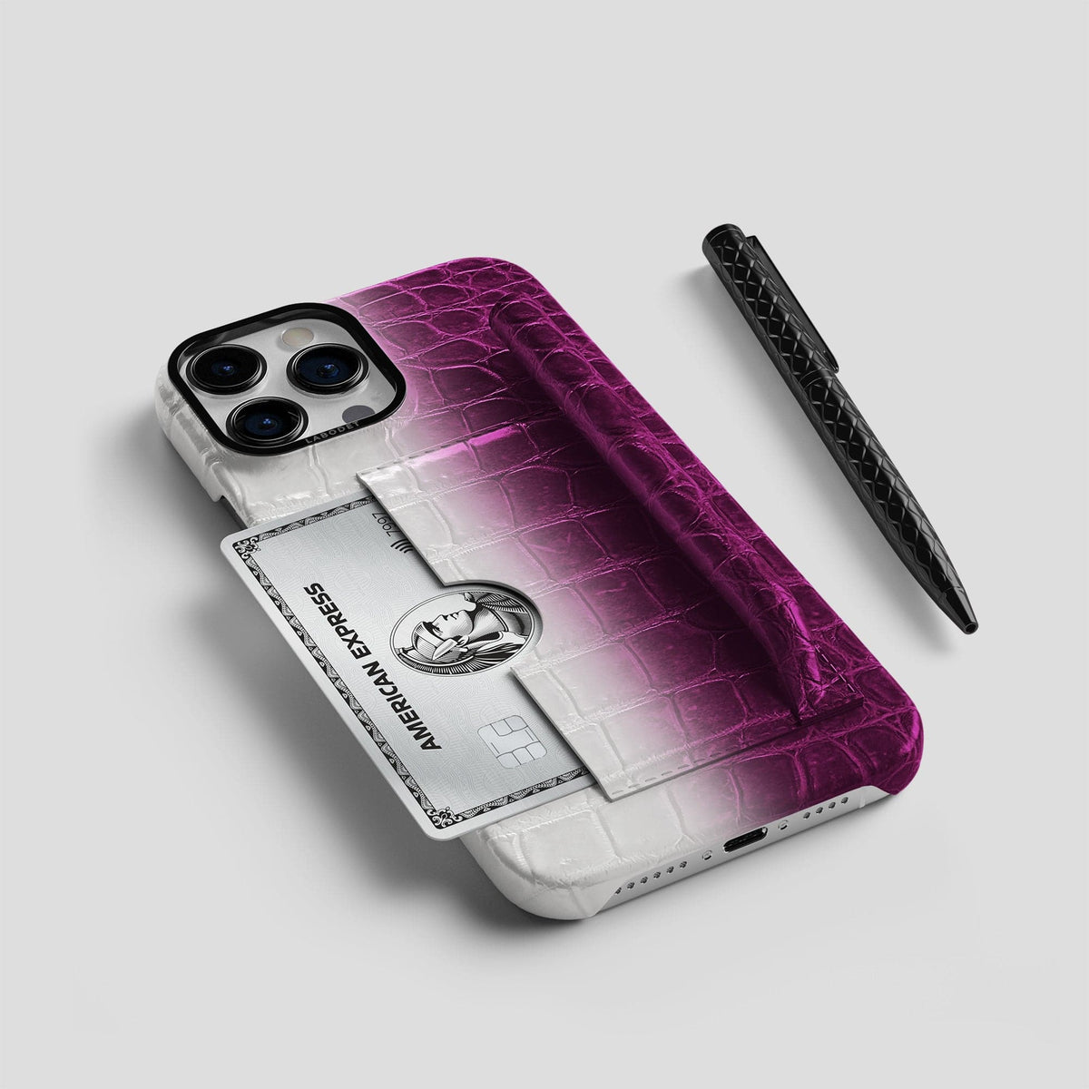 Fuchsia iPhone 14 Pro Himalaya Сard and Pen Holder Case with Black Metal -5 | Fuchsia-Black