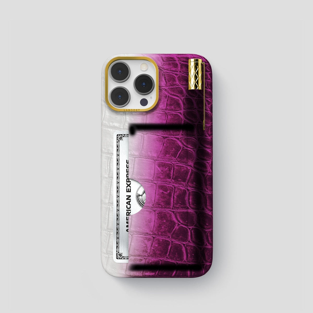 Fuchsia iPhone 14 Pro Himalaya Сard and Pen Holder Case with Gold Metal -1 | Fuchsia-Gold