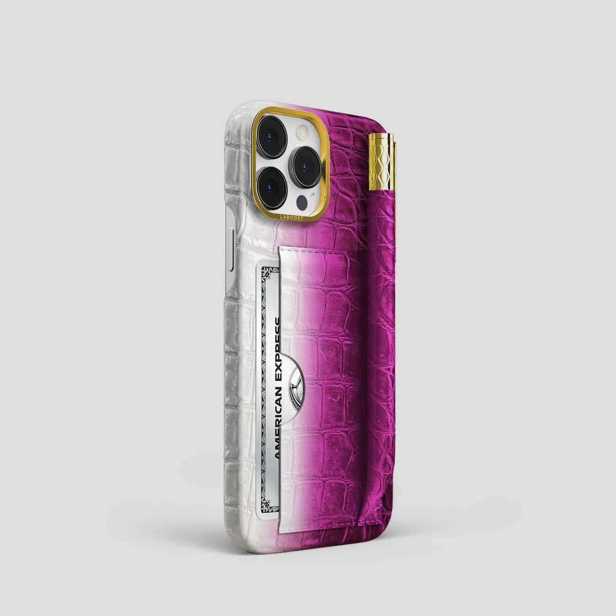 Fuchsia iPhone 14 Pro Himalaya Сard and Pen Holder Case with Gold Metal -2 | Fuchsia-Gold