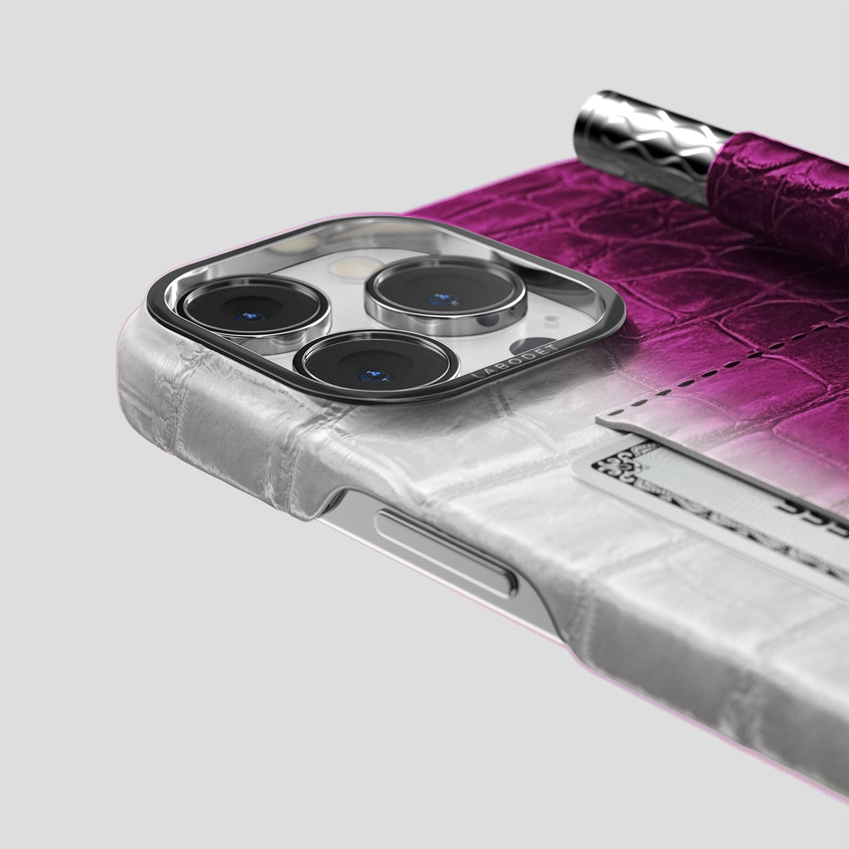 Fuchsia iPhone 14 Pro Himalaya Сard and Pen Holder Case with Steel Metal -4 | Fuchsia-Steel
