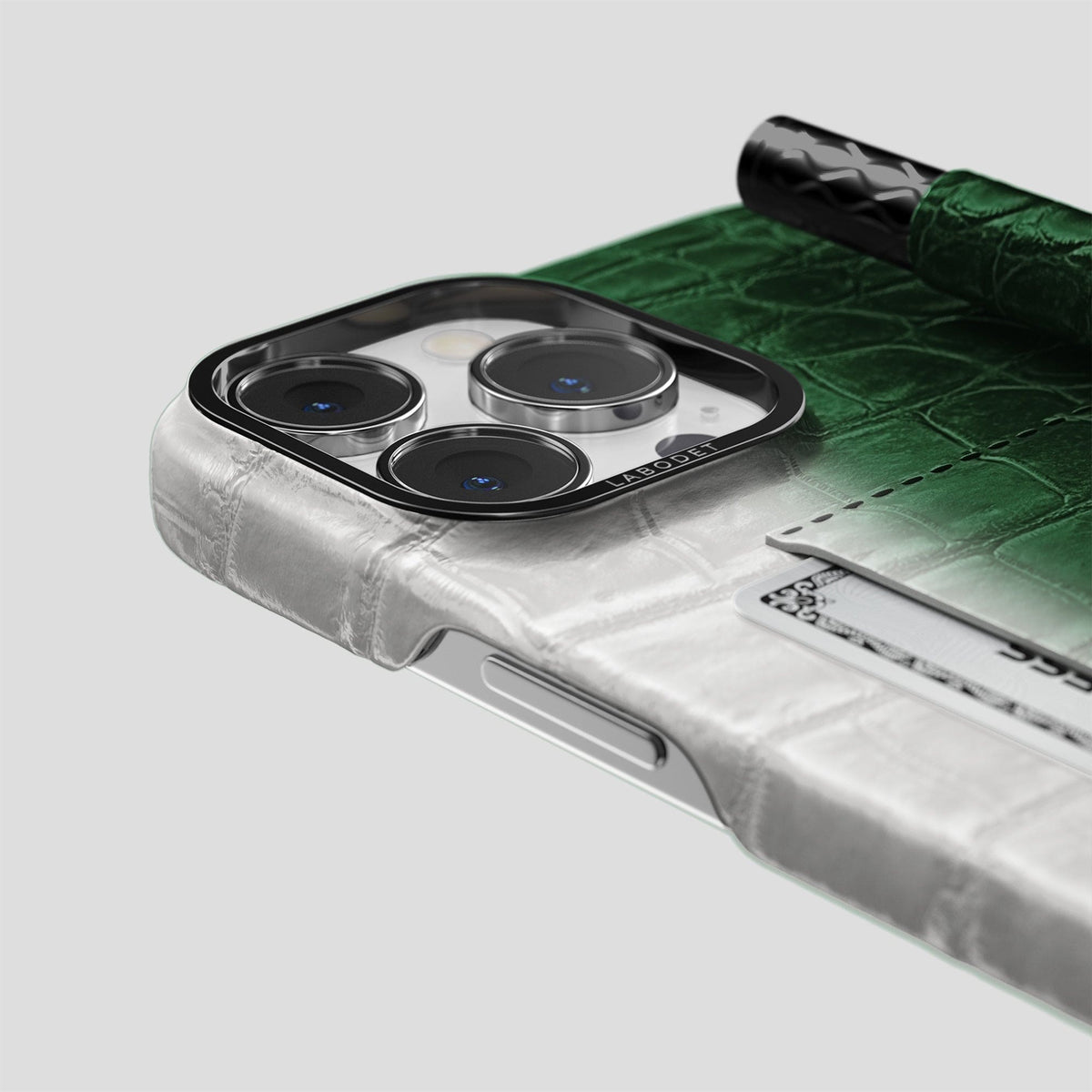 Green iPhone 14 Pro Himalaya Сard and Pen Holder Case with Black Metal -4 | Green-Black
