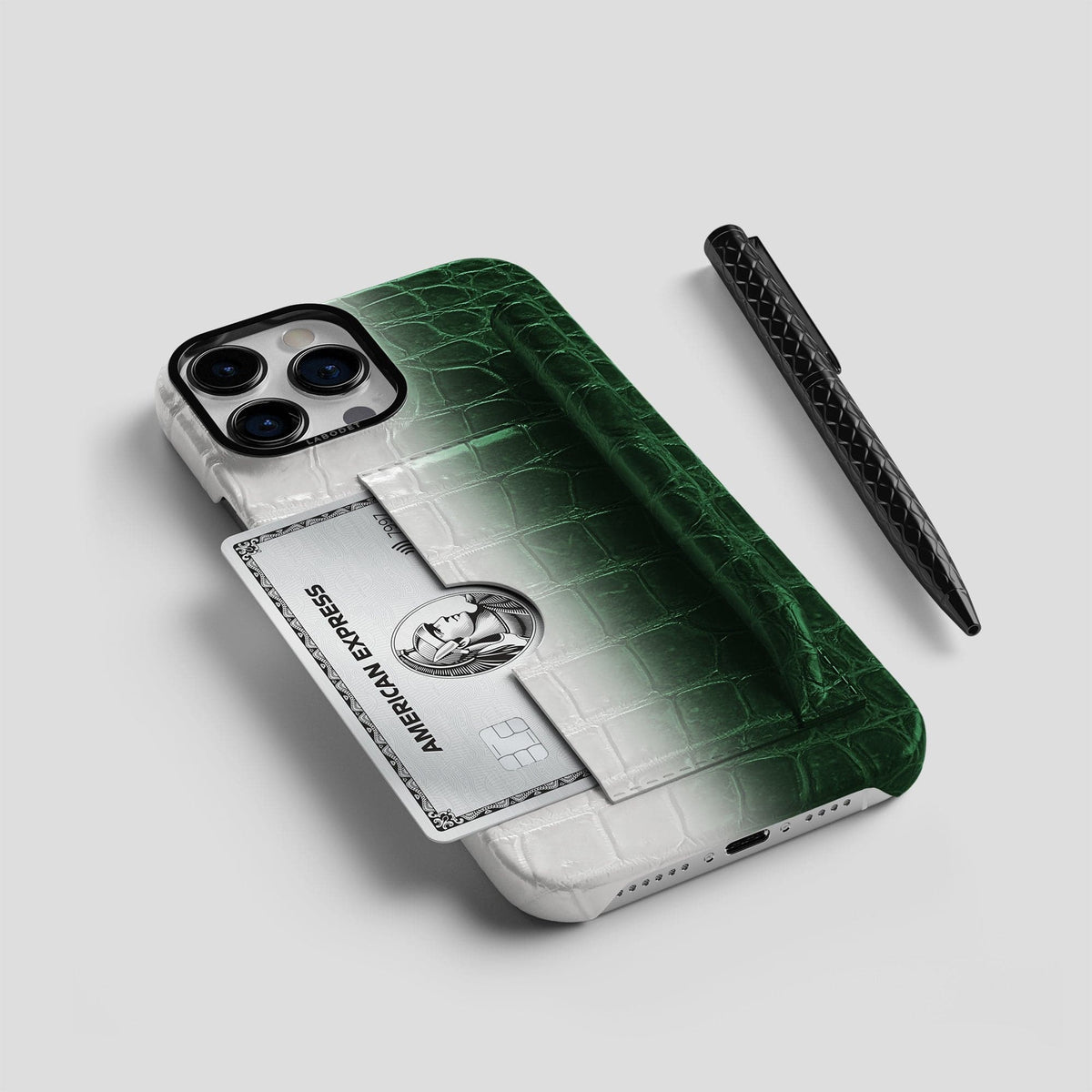 Green iPhone 14 Pro Himalaya Сard and Pen Holder Case with Black Metal -5 | Green-Black