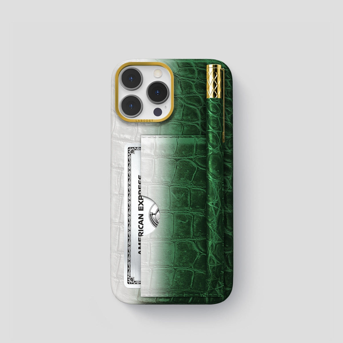Green iPhone 14 Pro Himalaya Сard and Pen Holder Case with Gold Metal -1 | Green-Gold
