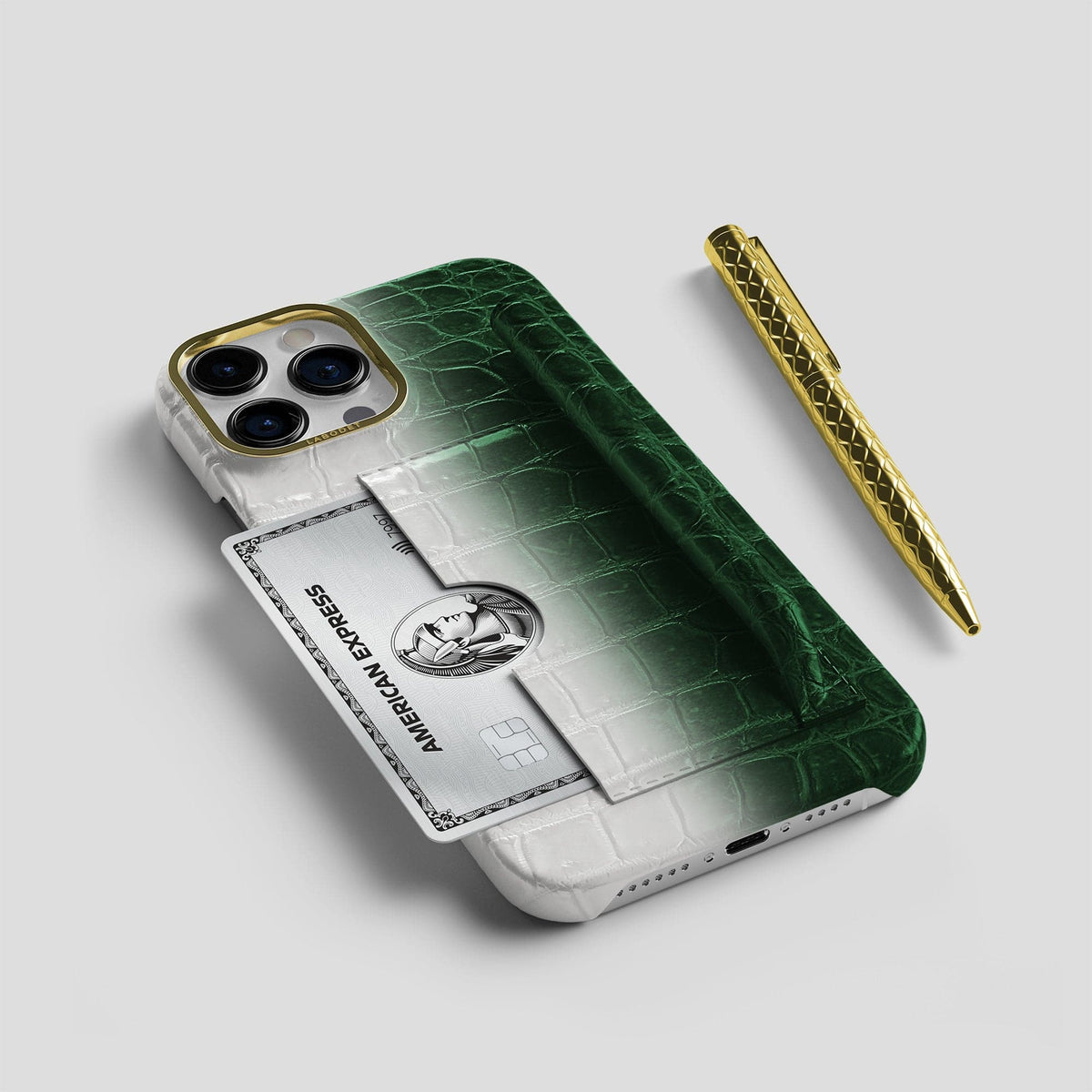 Green iPhone 14 Pro Himalaya Сard and Pen Holder Case with Gold Metal -5 | Green-Gold