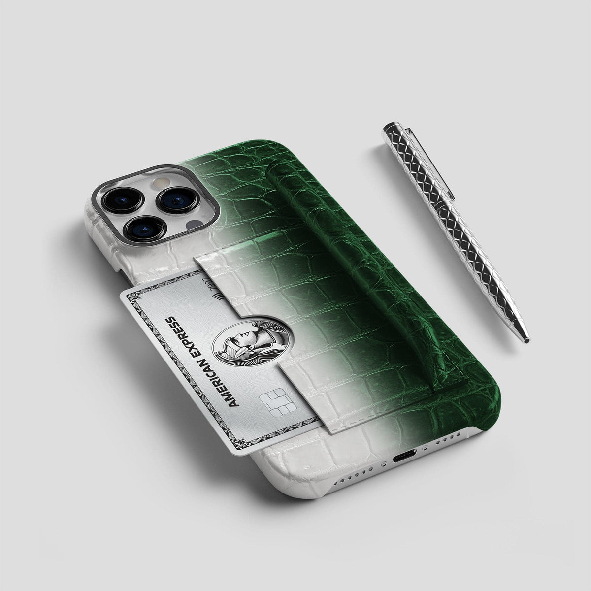 Green iPhone 14 Pro Himalaya Сard and Pen Holder Case with Steel Metal -5 | Green-Steel
