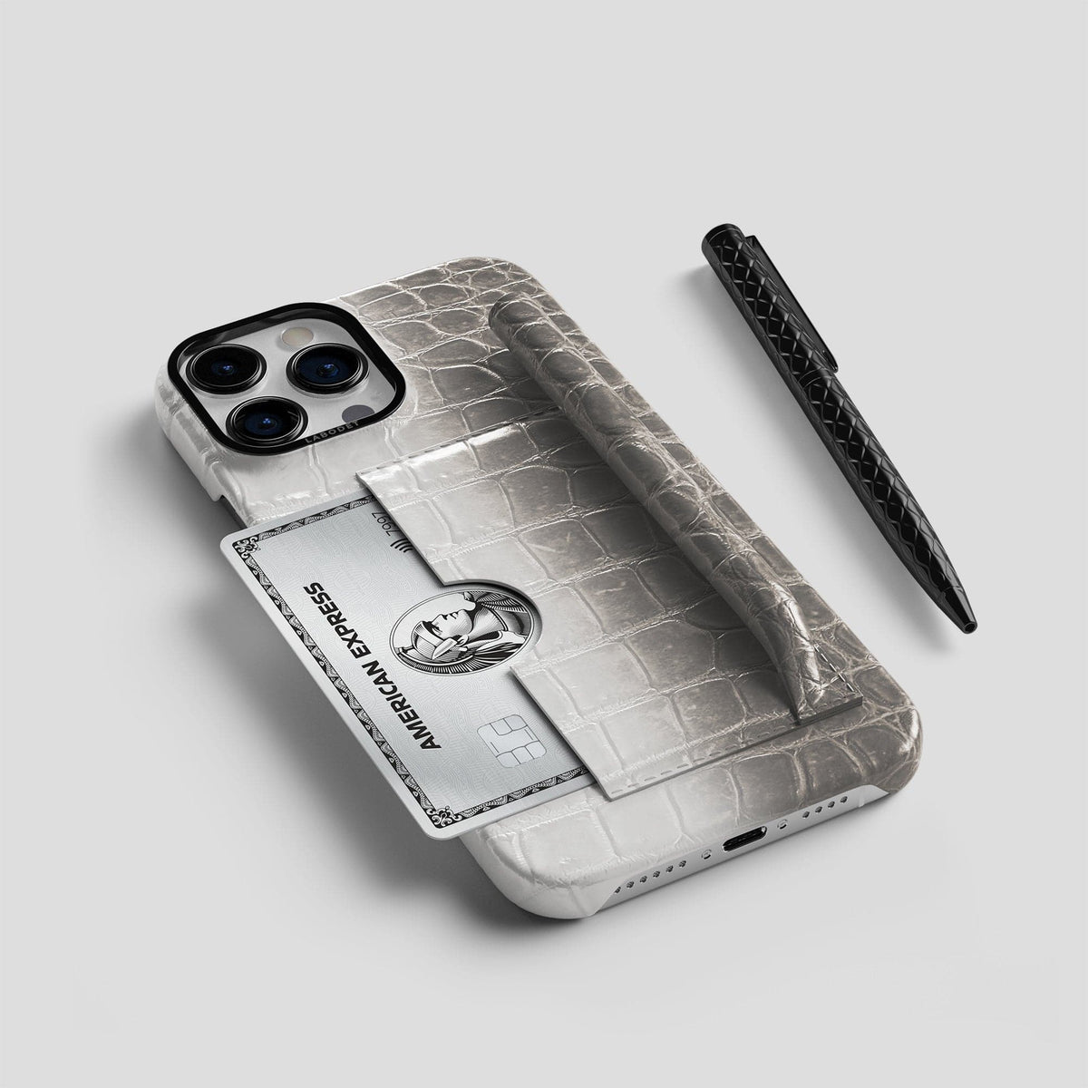 Light iPhone 14 Pro Himalaya Сard and Pen Holder Case with Black Metal -5 | Light-Black
