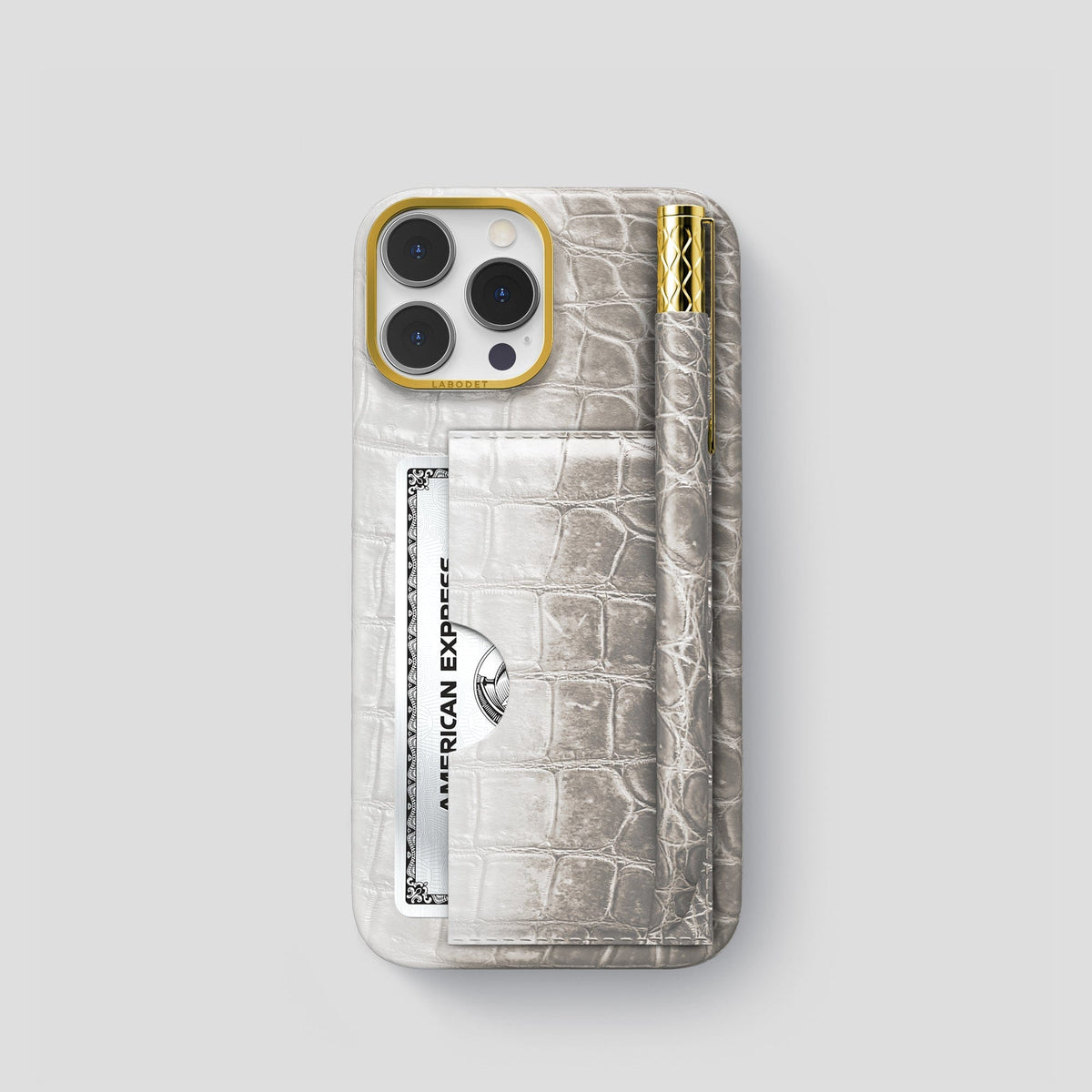 Light iPhone 14 Pro Himalaya Сard and Pen Holder Case with Gold Metal -1 | Light-Gold