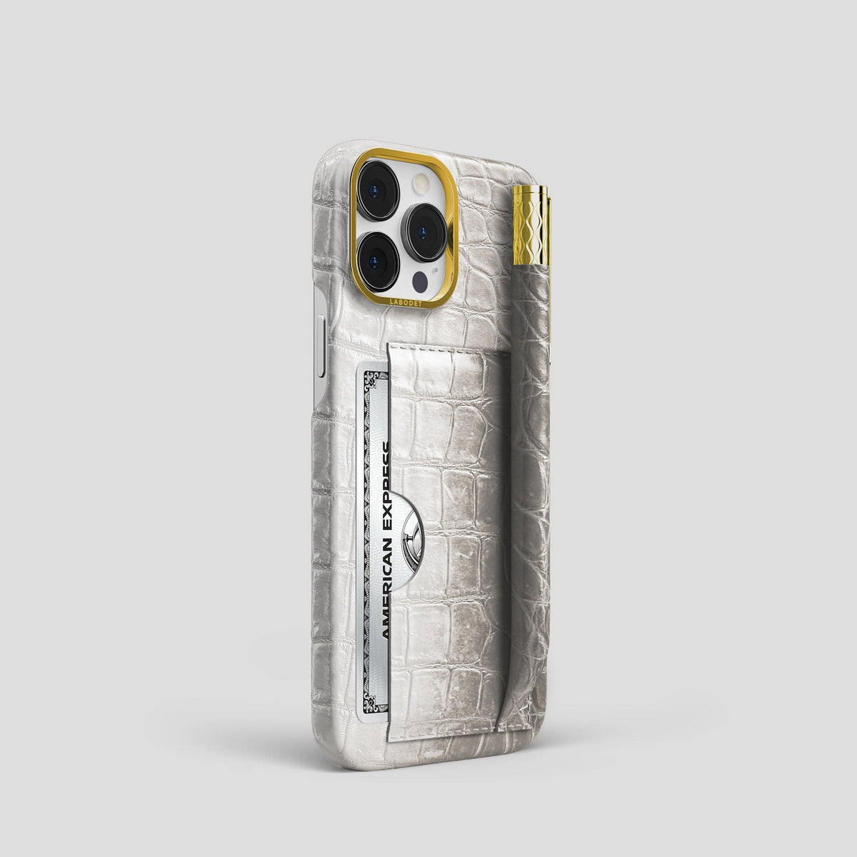 Light iPhone 14 Pro Himalaya Сard and Pen Holder Case with Gold Metal -2 | Light-Gold