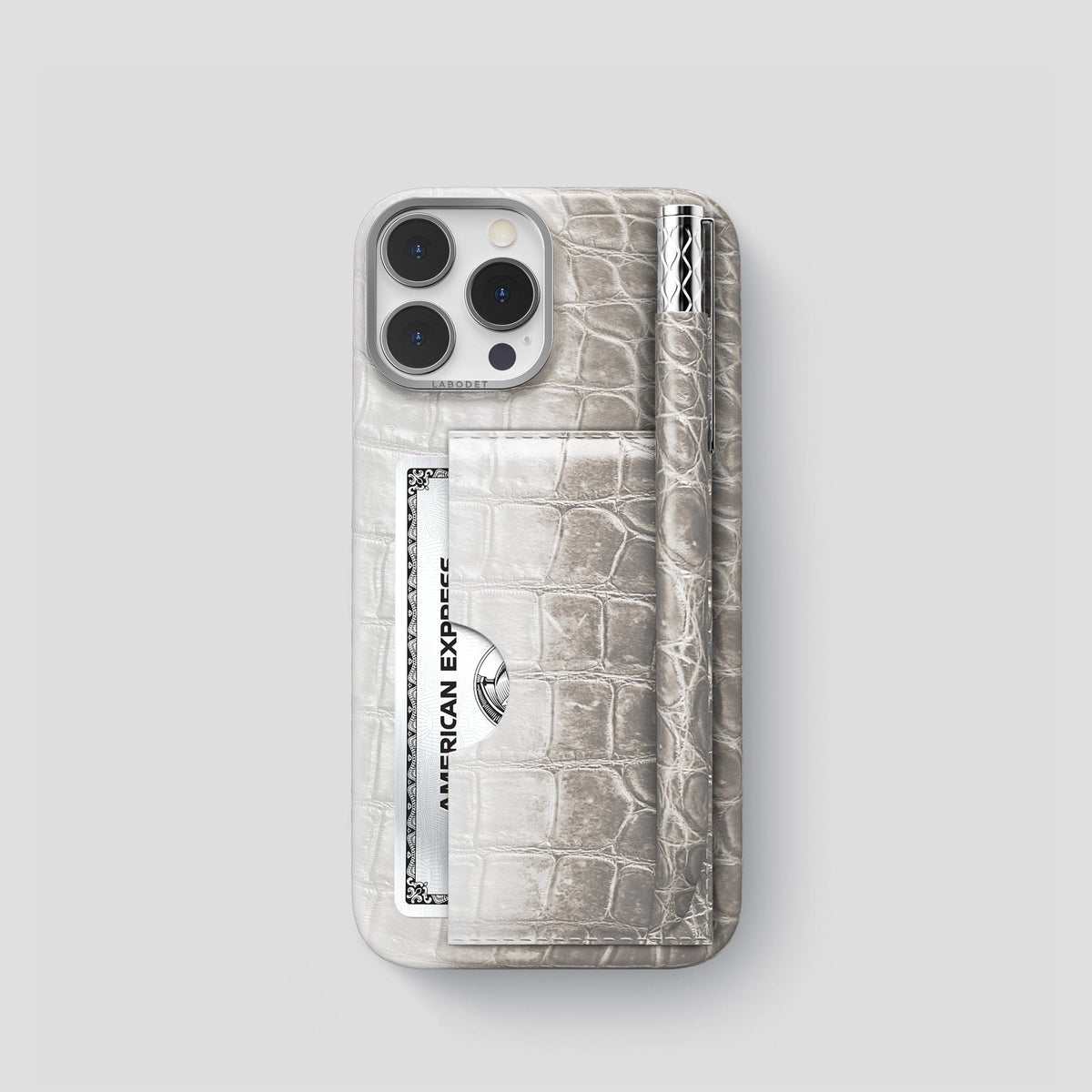 Light iPhone 14 Pro Himalaya Сard and Pen Holder Case with Steel Metal -1 | Light-Steel