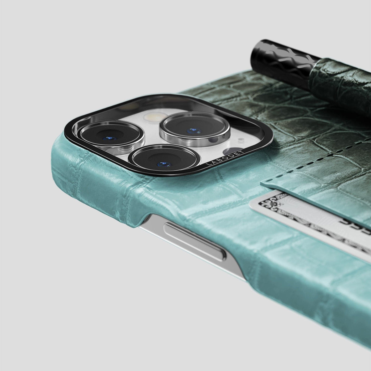 Light-Mint iPhone 14 Pro Himalaya Сard and Pen Holder Case with Black Metal -4 | Light-Mint-Black