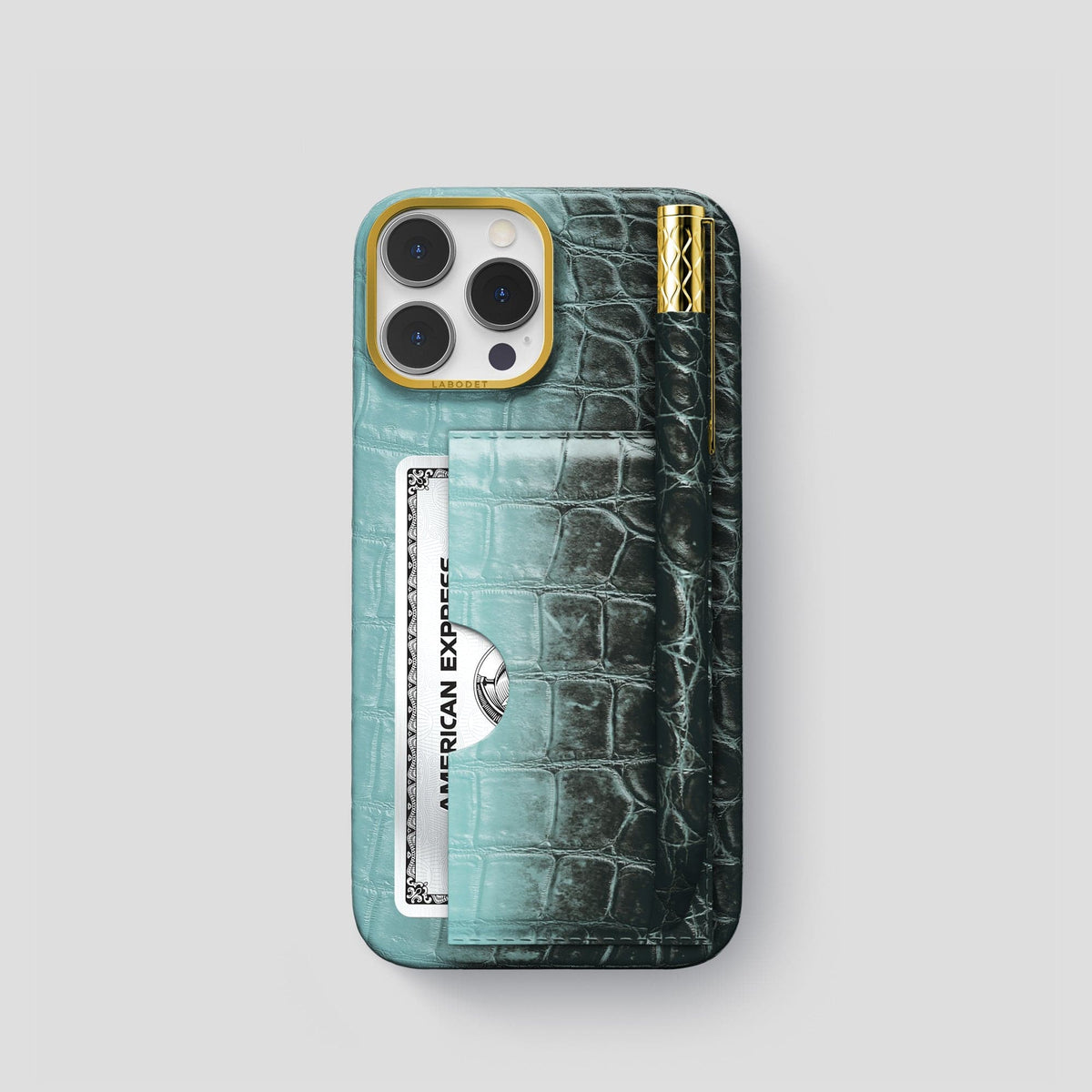 Light-Mint iPhone 14 Pro Himalaya Сard and Pen Holder Case with Gold Metal -1 | Light-Mint-Gold