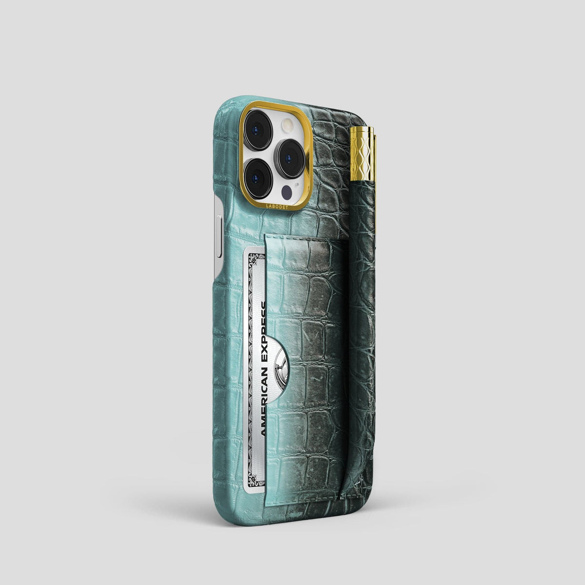 Light-Mint iPhone 14 Pro Himalaya Сard and Pen Holder Case with Gold Metal -2 | Light-Mint-Gold