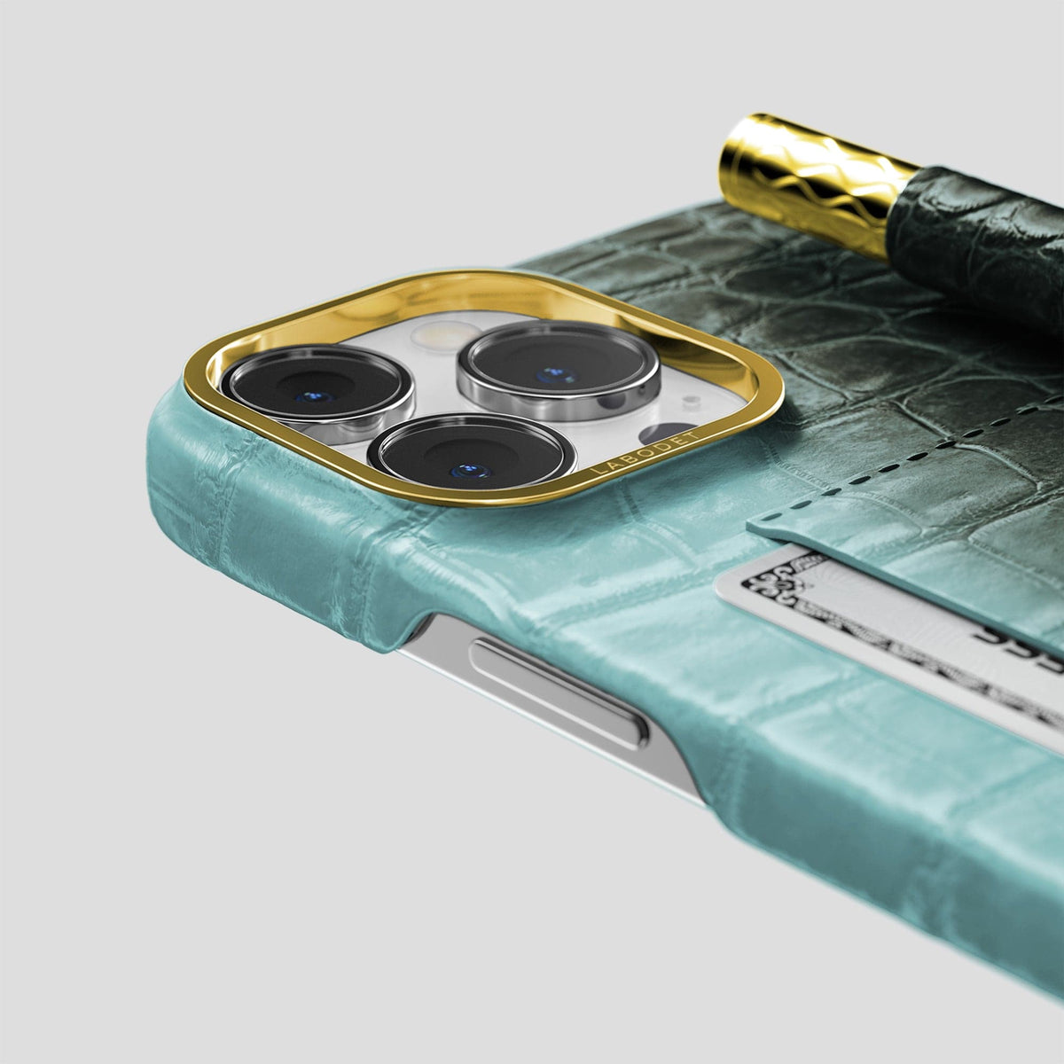 Light-Mint iPhone 14 Pro Himalaya Сard and Pen Holder Case with Gold Metal -4 | Light-Mint-Gold