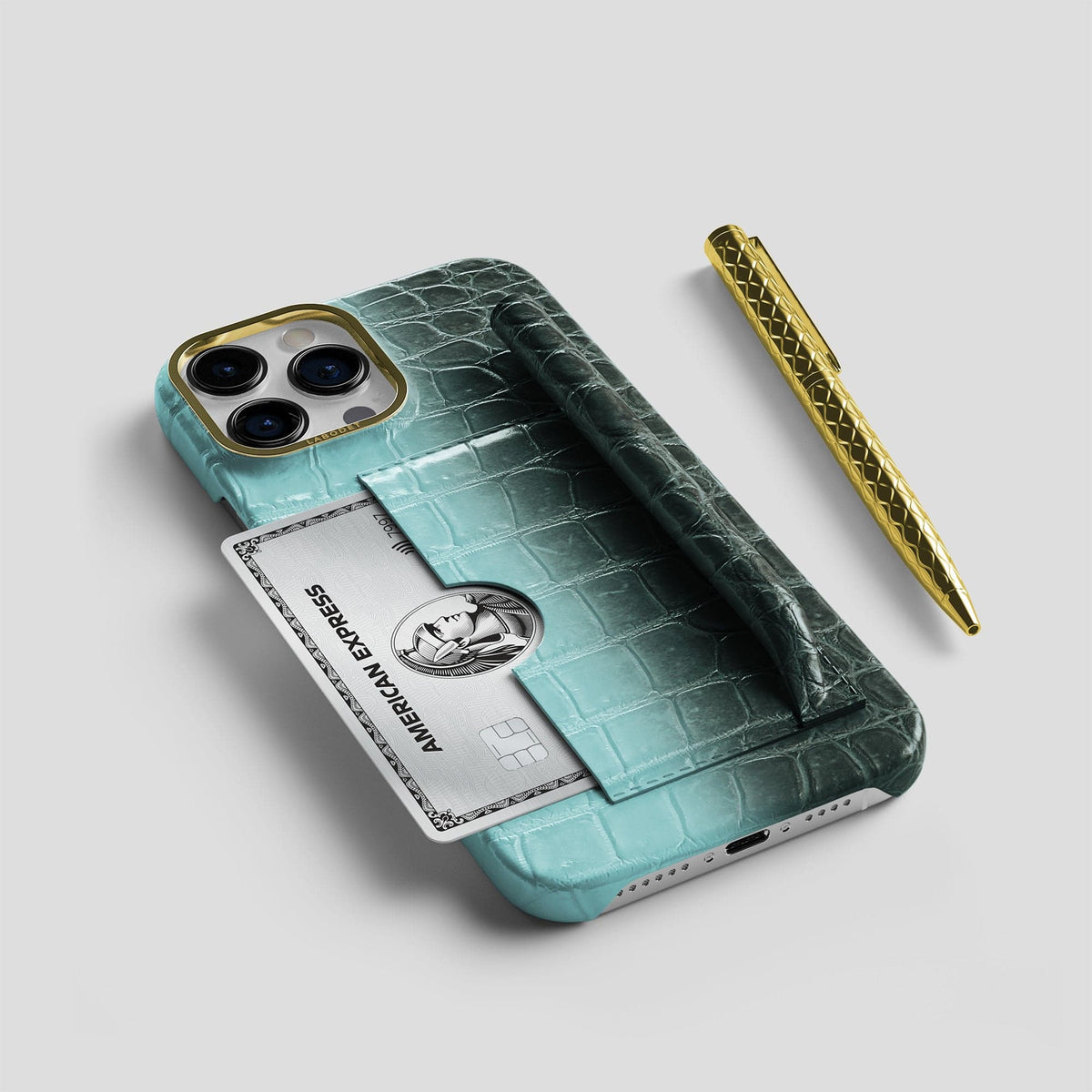 Light-Mint iPhone 14 Pro Himalaya Сard and Pen Holder Case with Gold Metal -5 | Light-Mint-Gold