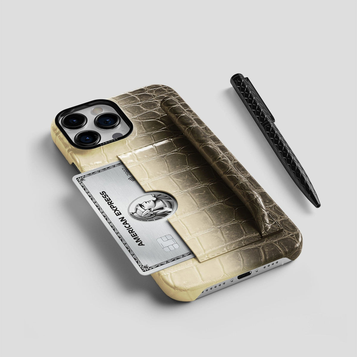 Natural iPhone 14 Pro Himalaya Сard and Pen Holder Case with Black Metal -5 | Natural-Black