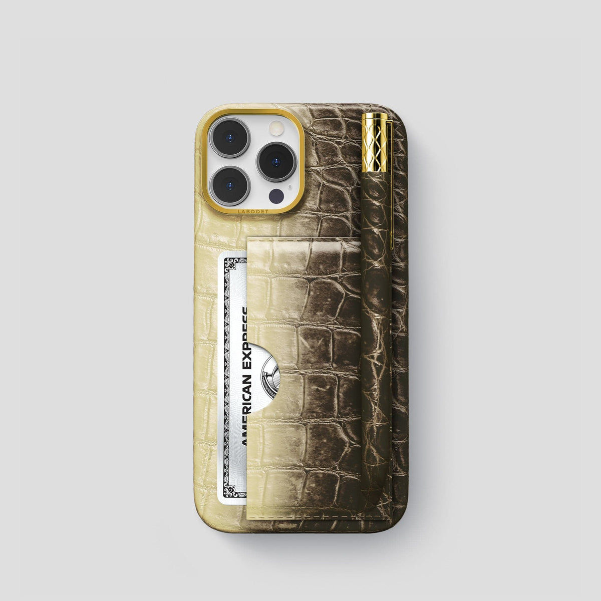 Natural iPhone 14 Pro Himalaya Сard and Pen Holder Case with Gold Metal -1 | Natural-Gold