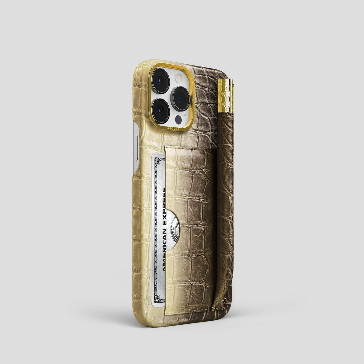 Natural iPhone 14 Pro Himalaya Сard and Pen Holder Case with Gold Metal -2 | Natural-Gold