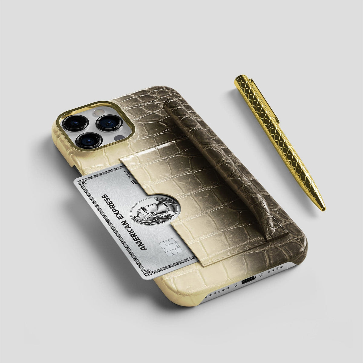 Natural iPhone 14 Pro Himalaya Сard and Pen Holder Case with Gold Metal -5 | Natural-Gold