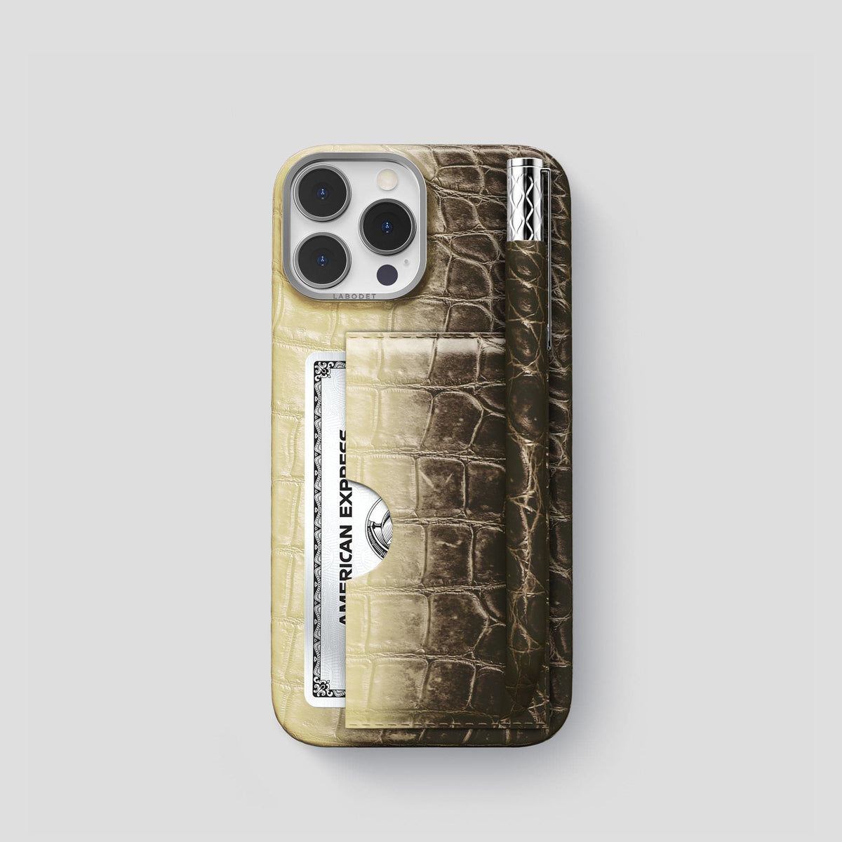 Natural iPhone 14 Pro Himalaya Сard and Pen Holder Case with Steel Metal -1 | Natural-Steel