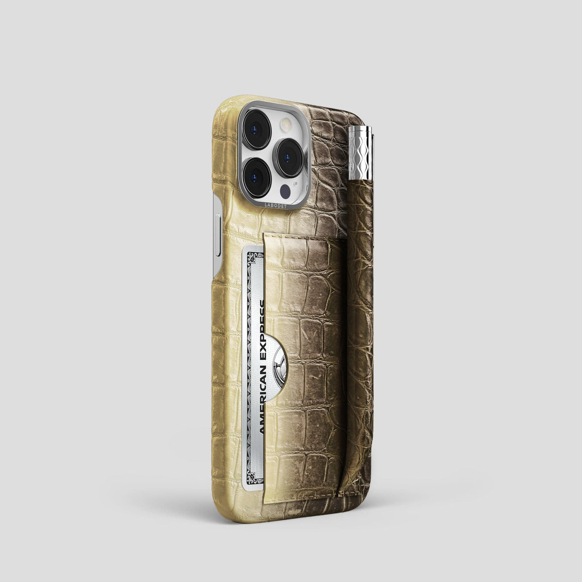 Natural iPhone 14 Pro Himalaya Сard and Pen Holder Case with Steel Metal -2 | Natural-Steel