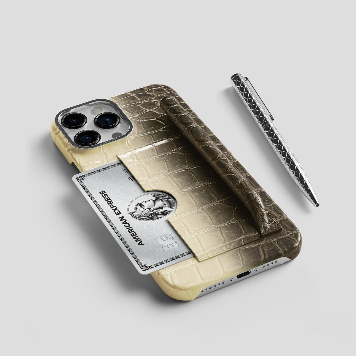 Natural iPhone 14 Pro Himalaya Сard and Pen Holder Case with Steel Metal -5 | Natural-Steel