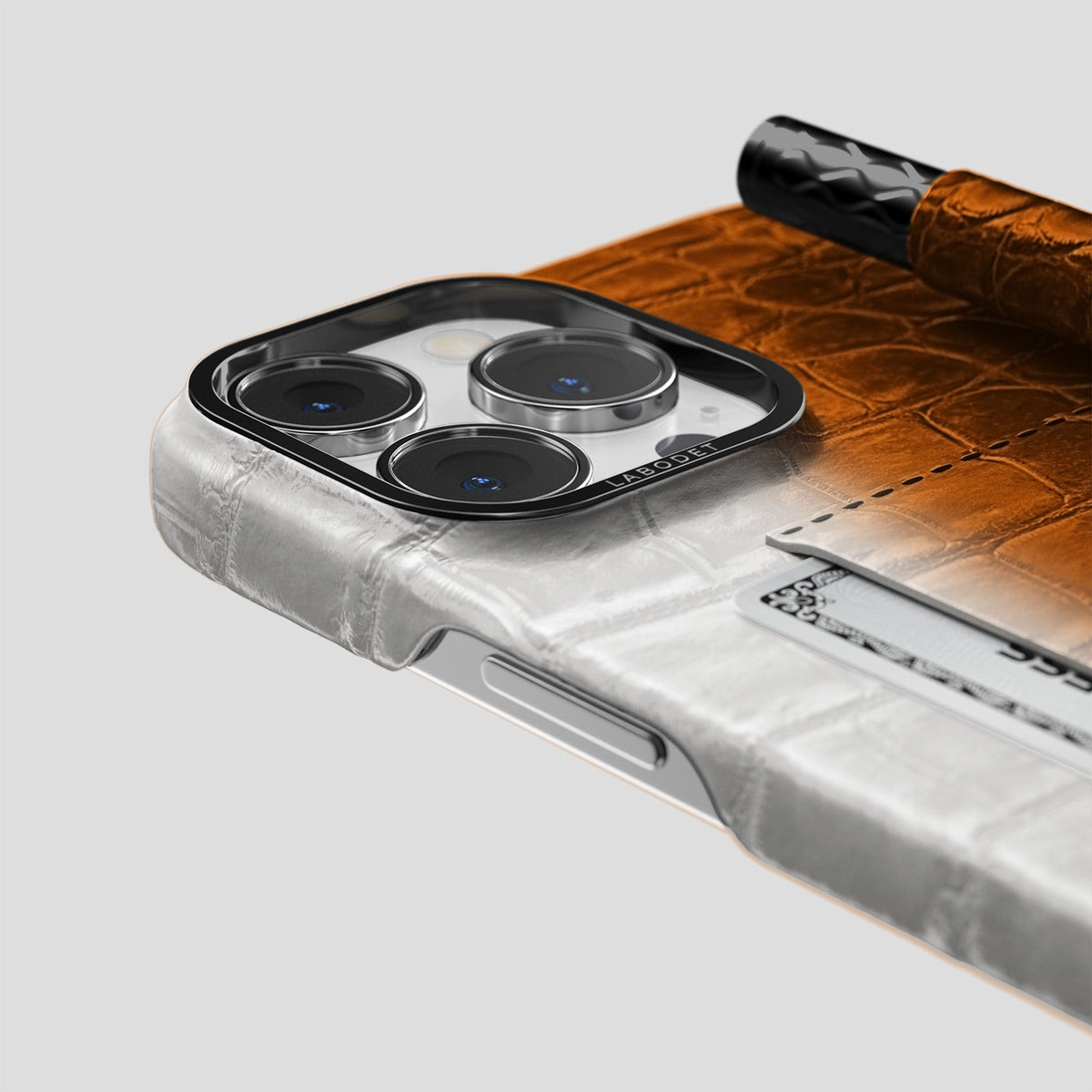 Orange iPhone 14 Pro Himalaya Сard and Pen Holder Case with Black Metal -4 | Orange-Black