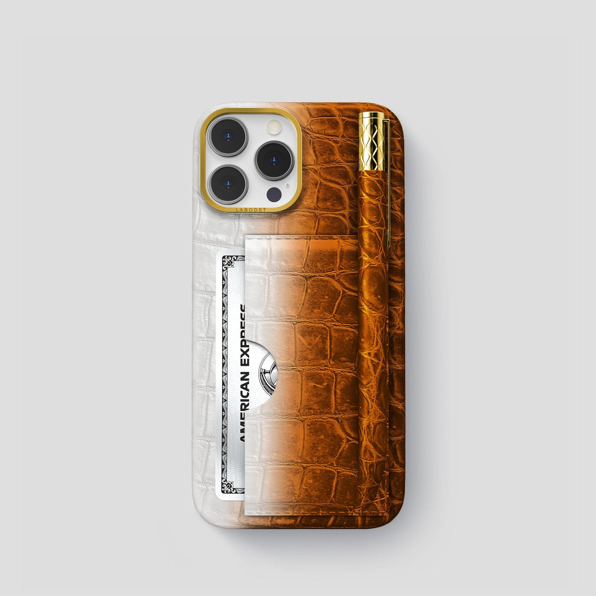 Orange iPhone 14 Pro Himalaya Сard and Pen Holder Case with Gold Metal -1 | Orange-Gold