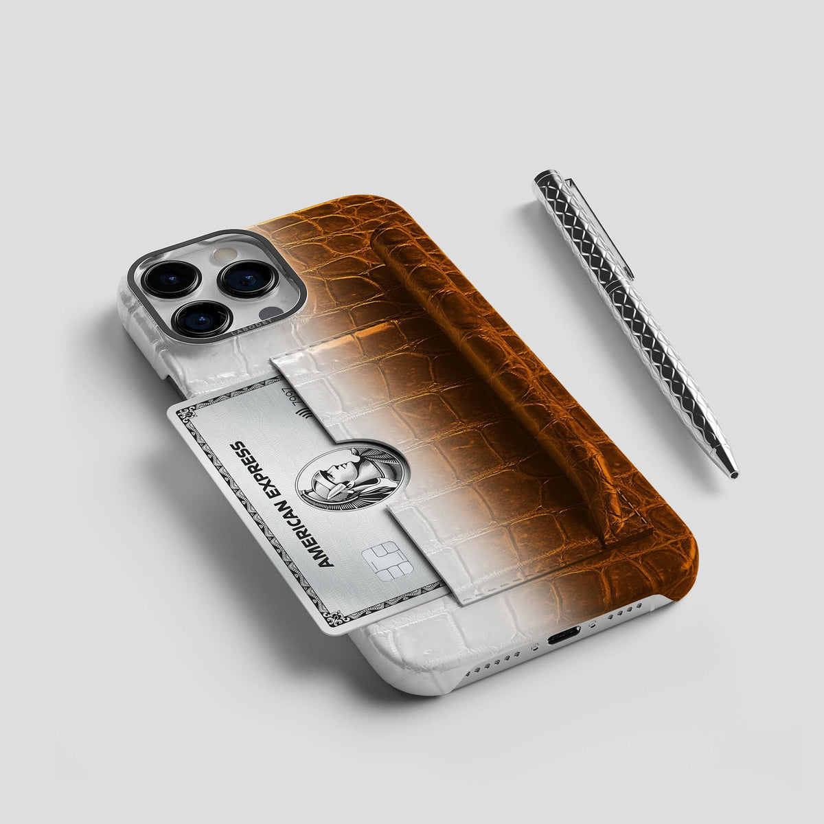Orange iPhone 14 Pro Himalaya Сard and Pen Holder Case with Steel Metal -5 | Orange-Steel