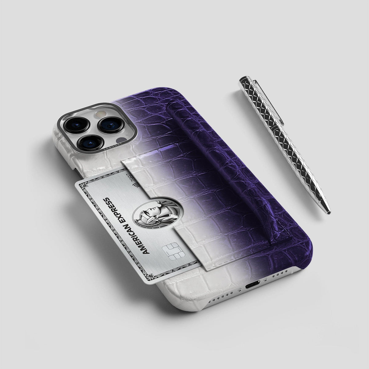 Purple iPhone 14 Pro Himalaya Сard and Pen Holder Case with Steel Metal -5 | Purple-Steel
