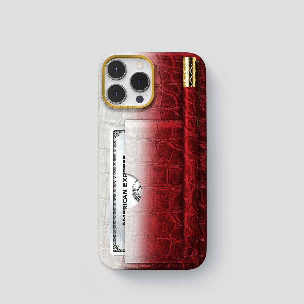 Red iPhone 14 Pro Himalaya Сard and Pen Holder Case with Gold Metal -1 | Red-Gold