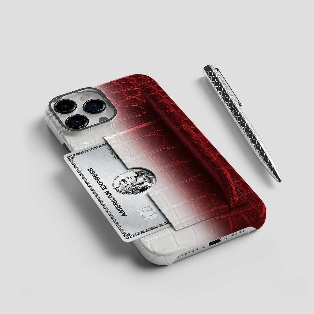 Red iPhone 14 Pro Himalaya Сard and Pen Holder Case with Steel Metal -5 | Red-Steel