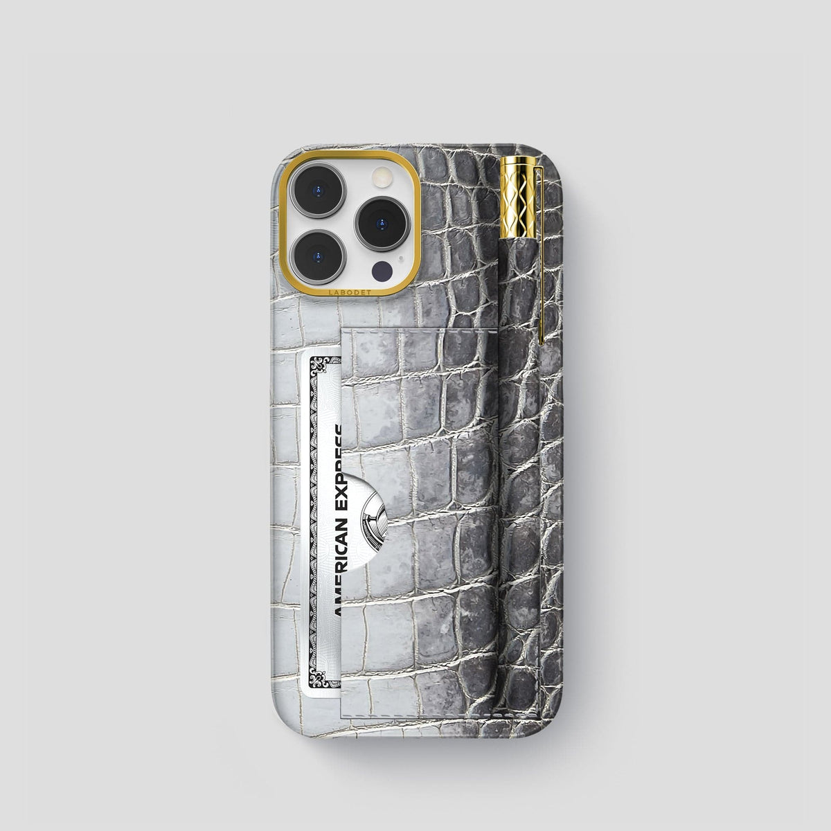 Silver iPhone 14 Pro Himalaya Сard and Pen Holder Case with Gold Metal -1 | Silver-Gold