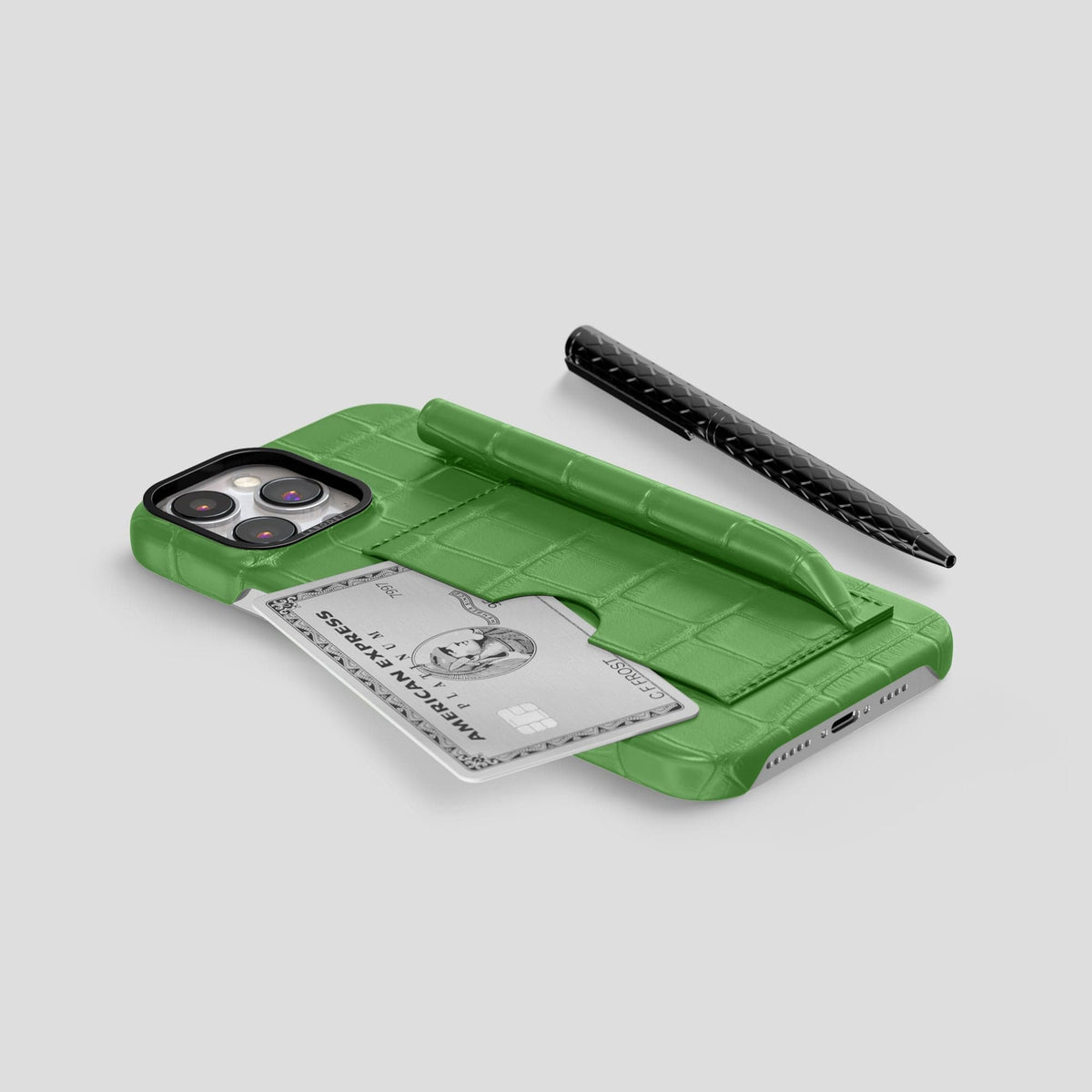 Apple-Green iPhone 14 Pro Max Card and Pen Holder Case Alligator with Black Metal -5 | Apple-Green-Black