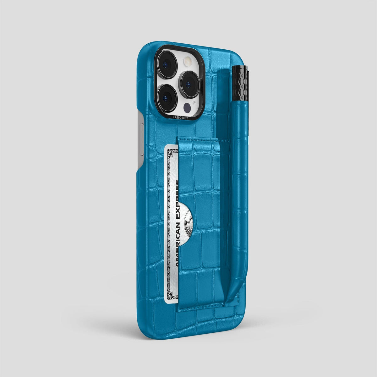 Curaçao-Blue iPhone 14 Pro Max Card and Pen Holder Case Alligator with Black Metal -2 | Curaçao-Blue-Black