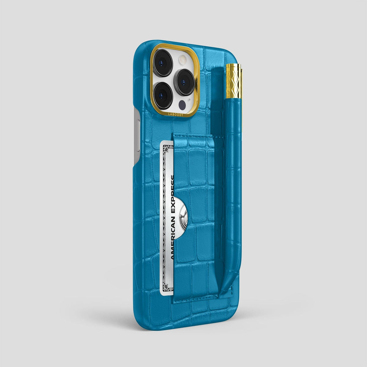 Curaçao-Blue iPhone 14 Pro Max Card and Pen Holder Case Alligator with Gold Metal -2 | Curaçao-Blue-Gold