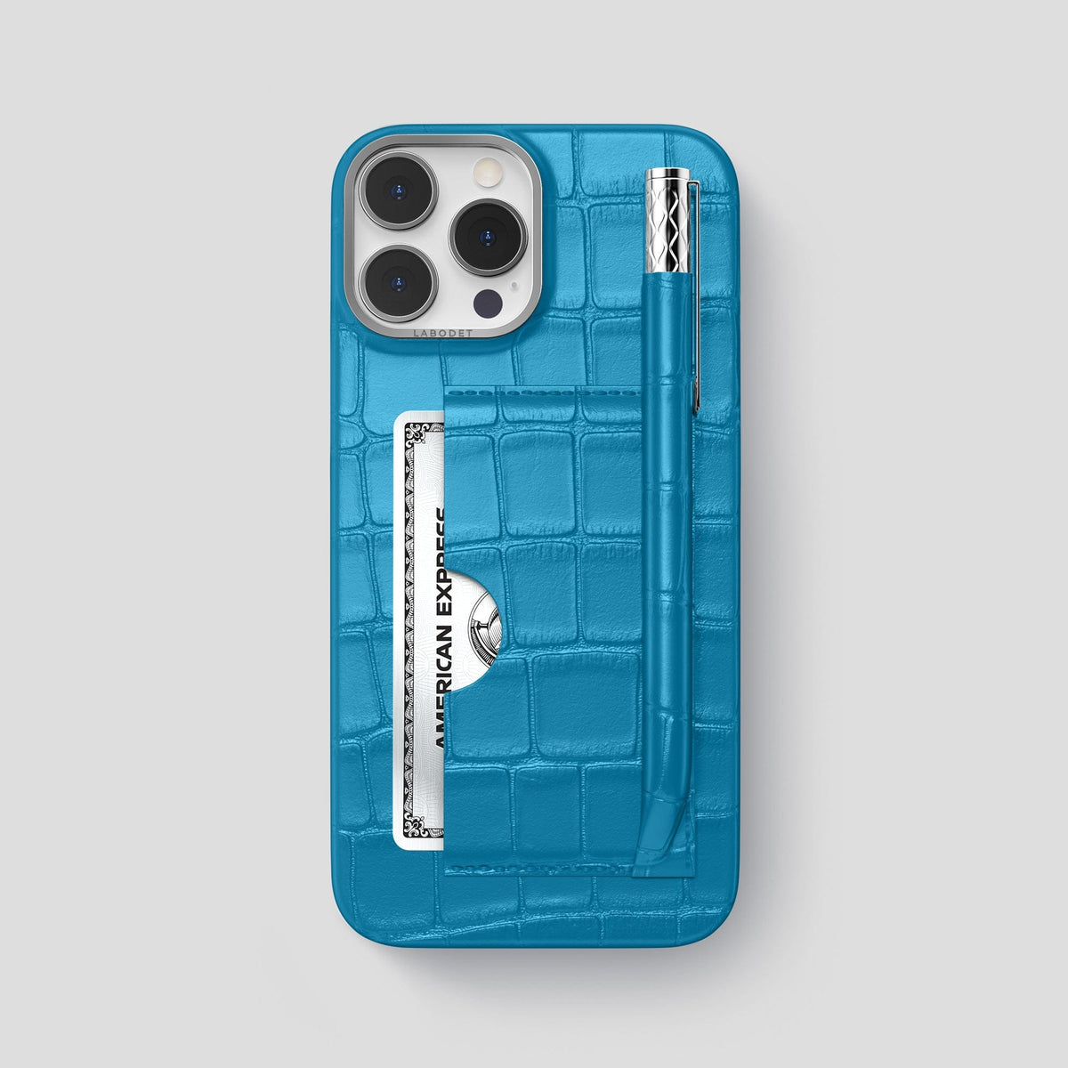 Curaçao-Blue iPhone 14 Pro Max Card and Pen Holder Case Alligator with Steel Metal -1 | Curaçao-Blue-Steel