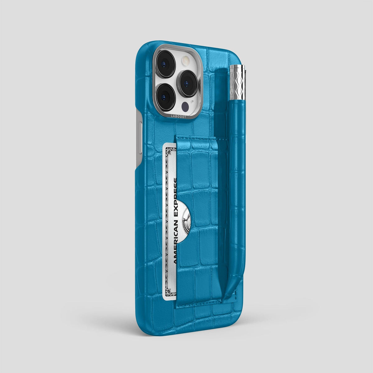 Curaçao-Blue iPhone 14 Pro Max Card and Pen Holder Case Alligator with Steel Metal -2 | Curaçao-Blue-Steel