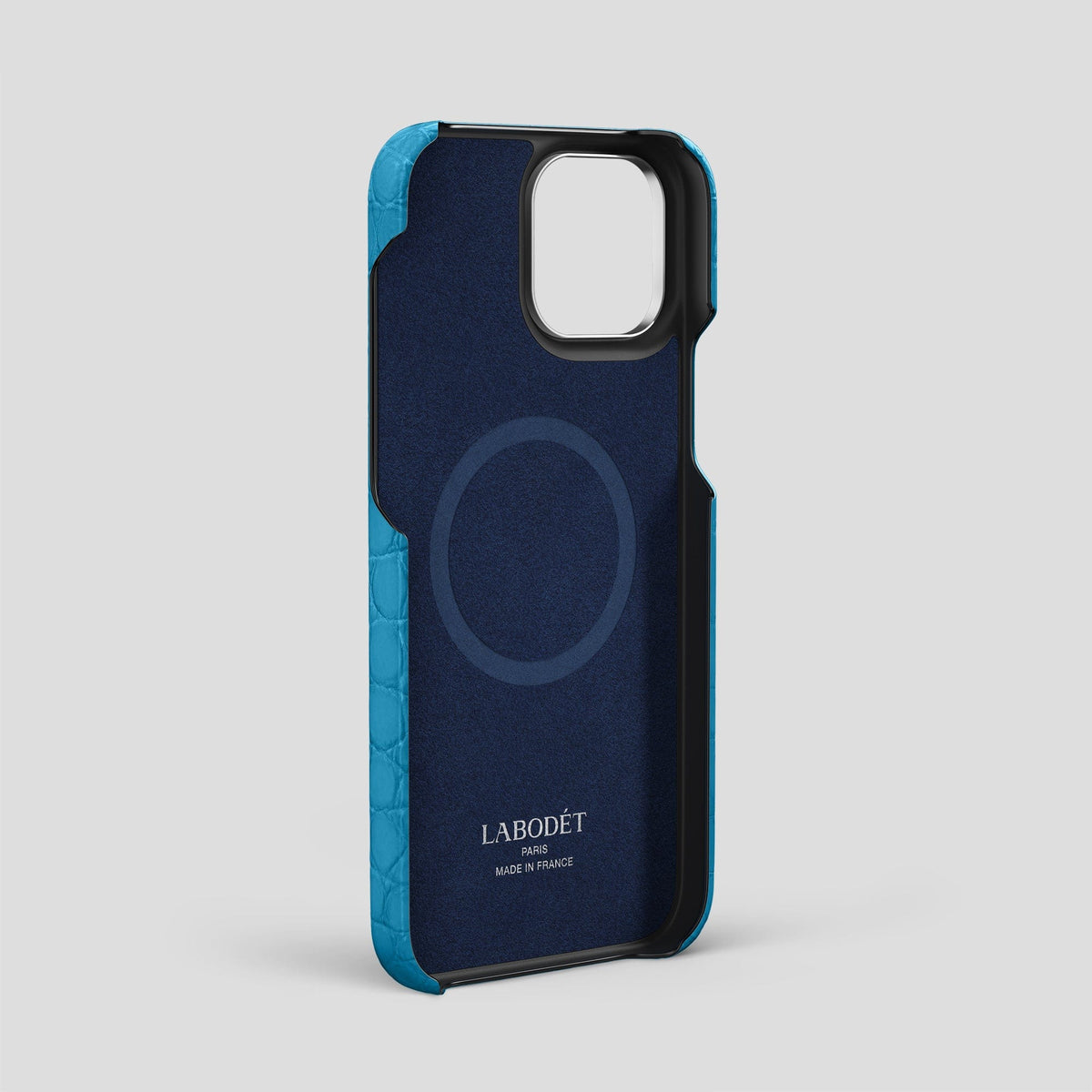 Curaçao-Blue iPhone 14 Pro Max Card and Pen Holder Case Alligator with Steel Metal -3 | Curaçao-Blue-Steel