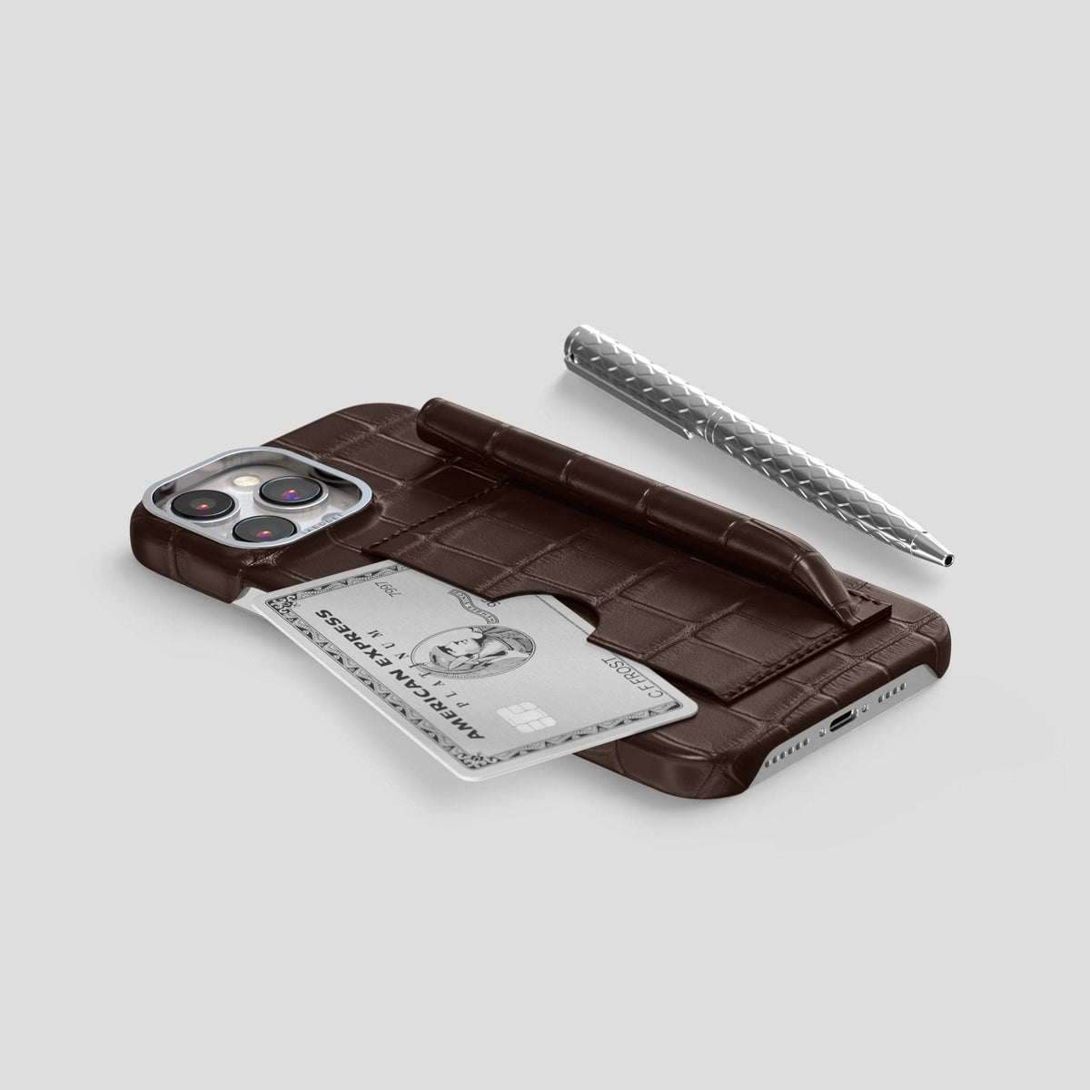 Dark Brown iPhone 14 Pro Max Card and Pen Holder Case Alligator with Steel Metal -5 | Dark-Brown-Steel