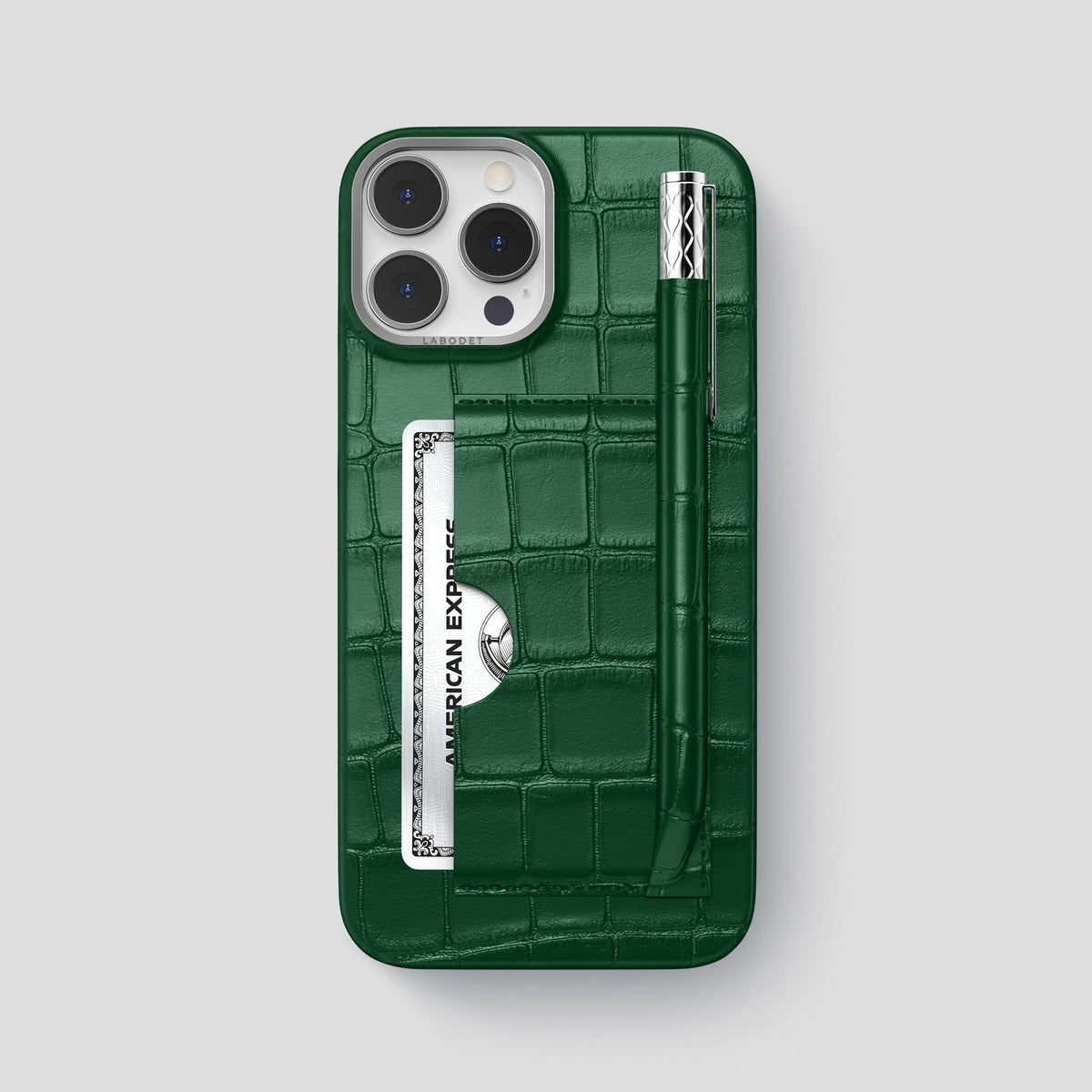 Forest-Green iPhone 14 Pro Max Card and Pen Holder Case Alligator with Steel Metal -1 | Forest-Green-Steel
