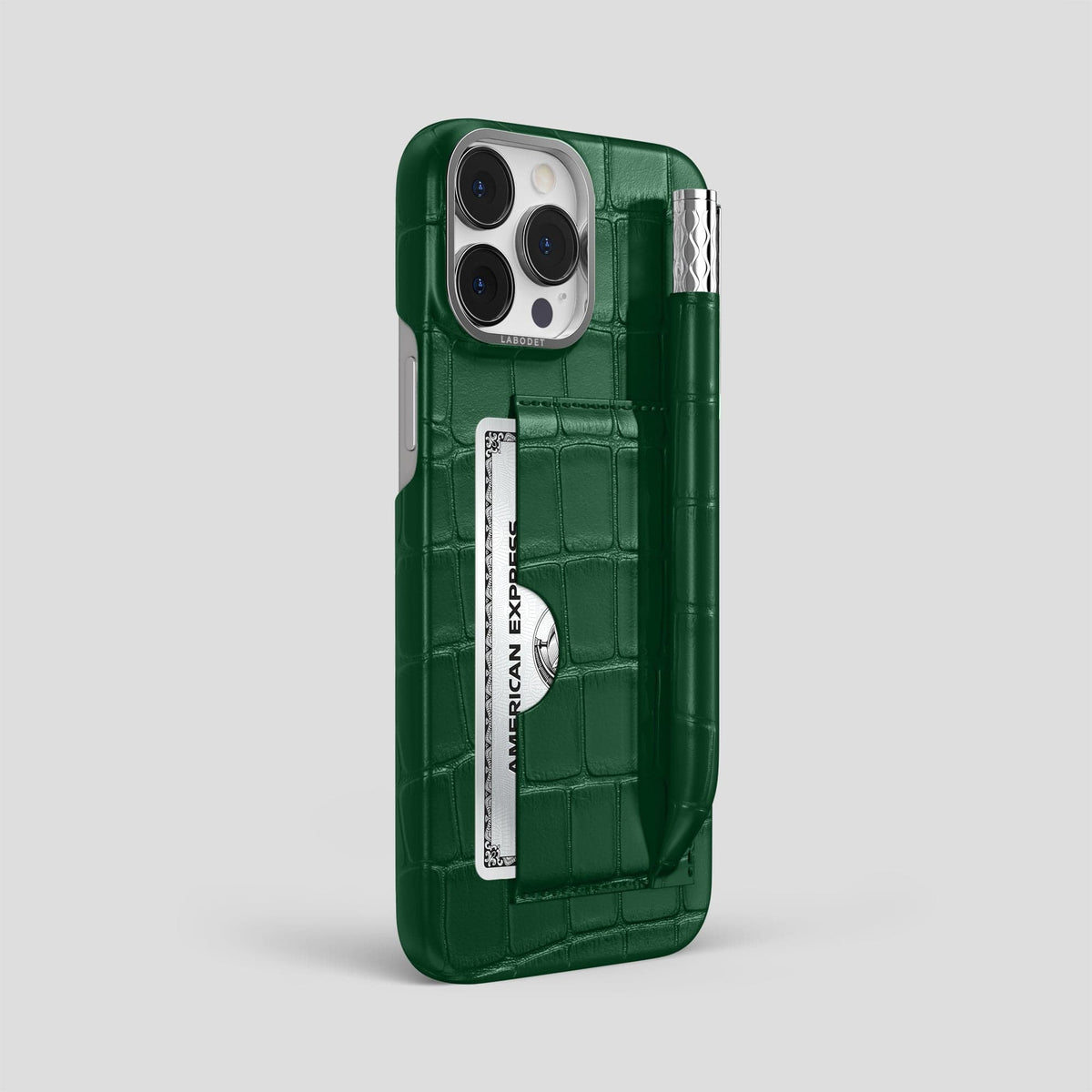 Forest-Green iPhone 14 Pro Max Card and Pen Holder Case Alligator with Steel Metal -2 | Forest-Green-Steel