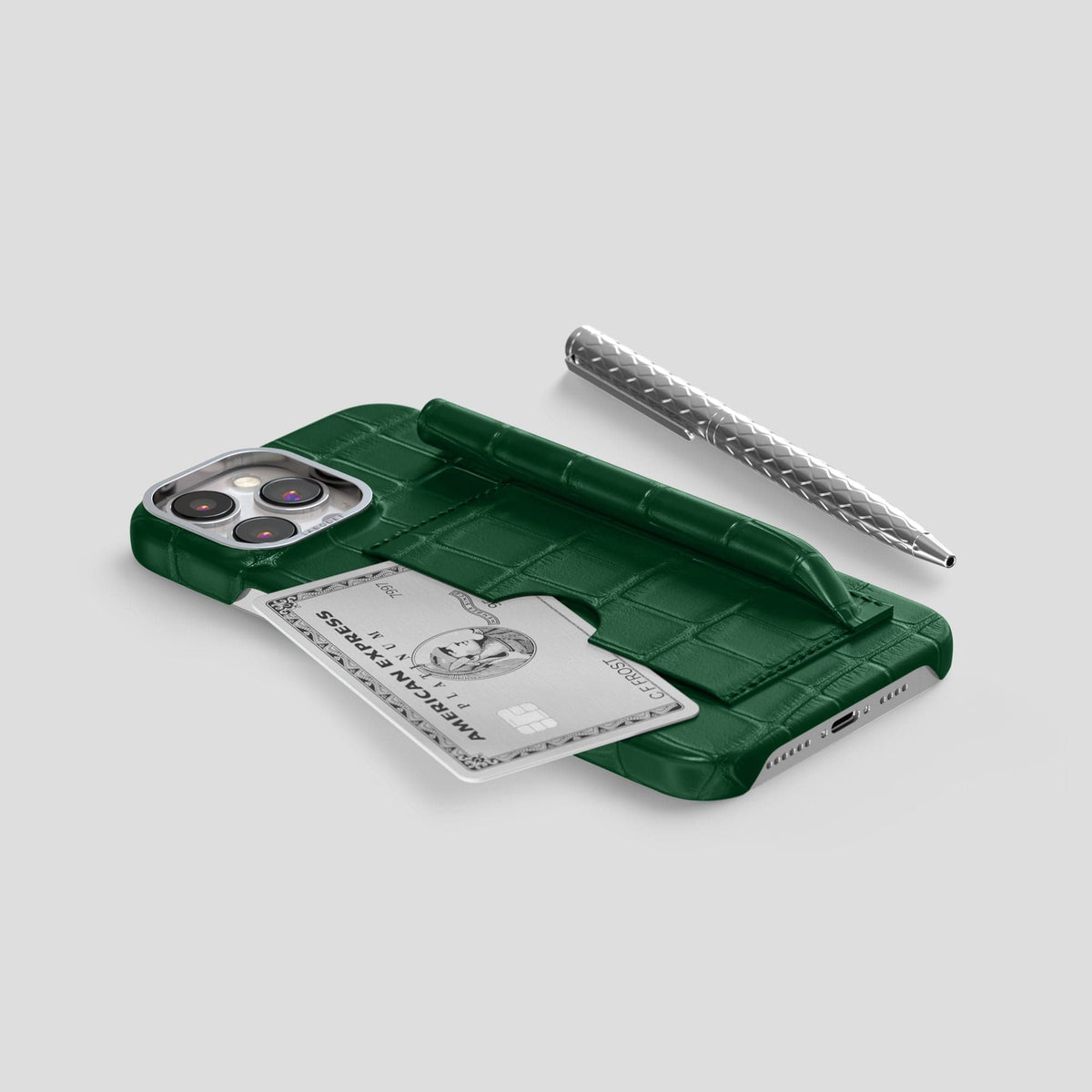 Forest-Green iPhone 14 Pro Max Card and Pen Holder Case Alligator with Steel Metal -5 | Forest-Green-Steel