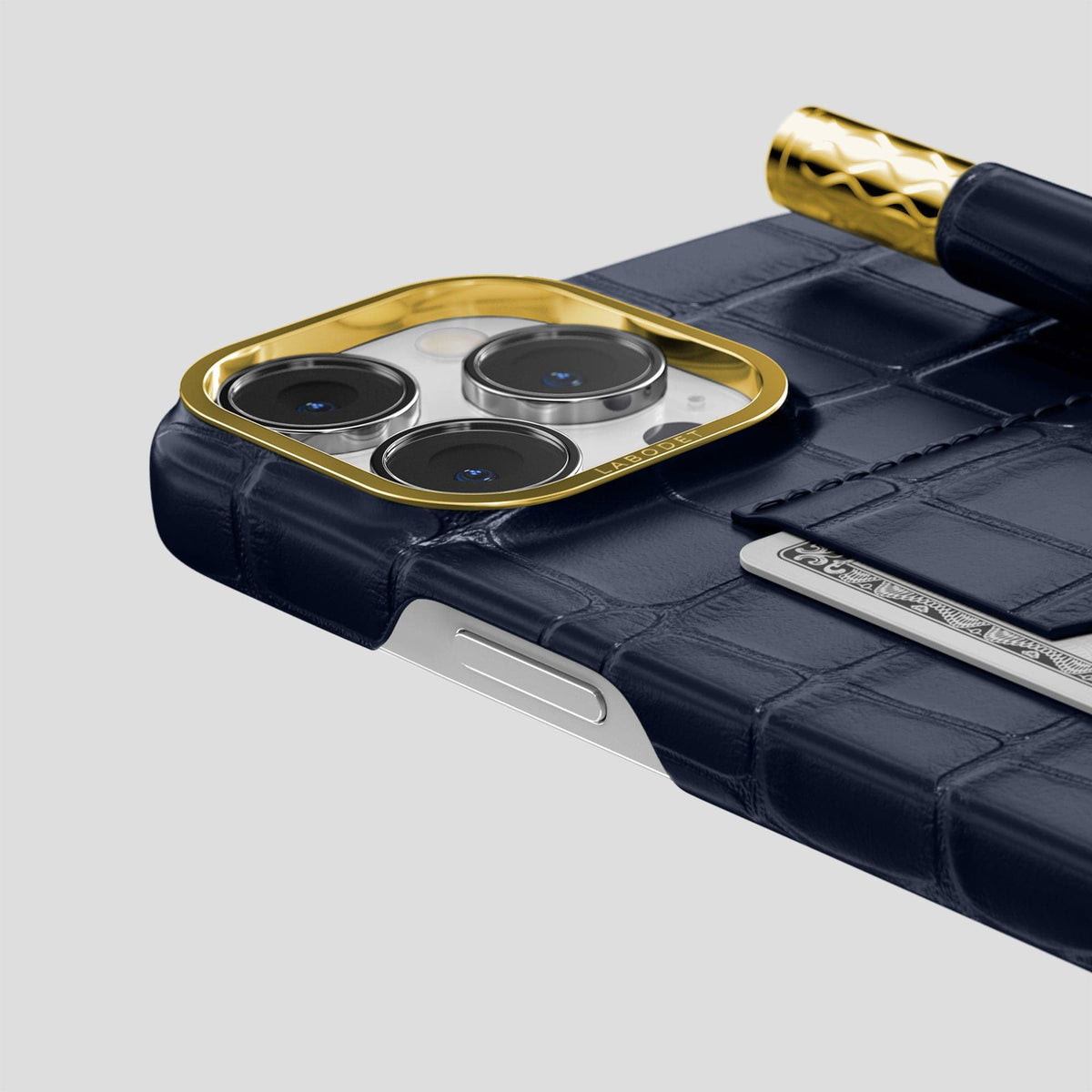 Navy Blue iPhone 14 Pro Max Card and Pen Holder Case Alligator with Gold Metal -4 | Navy-Blue-Gold